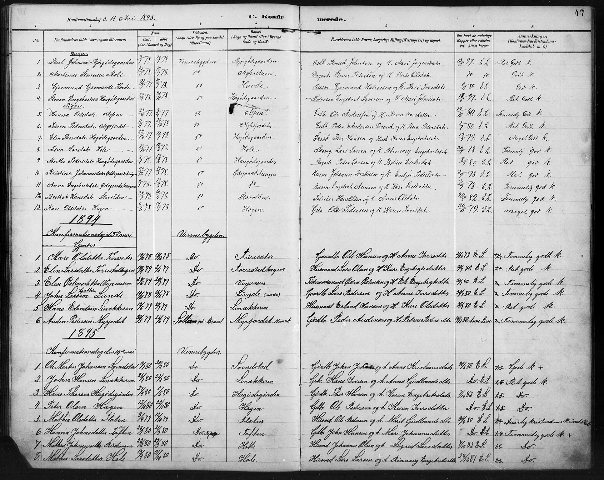 Ringebu prestekontor, AV/SAH-PREST-082/H/Ha/Hab/L0008: Klokkerbok nr. 8, 1890-1922, s. 47