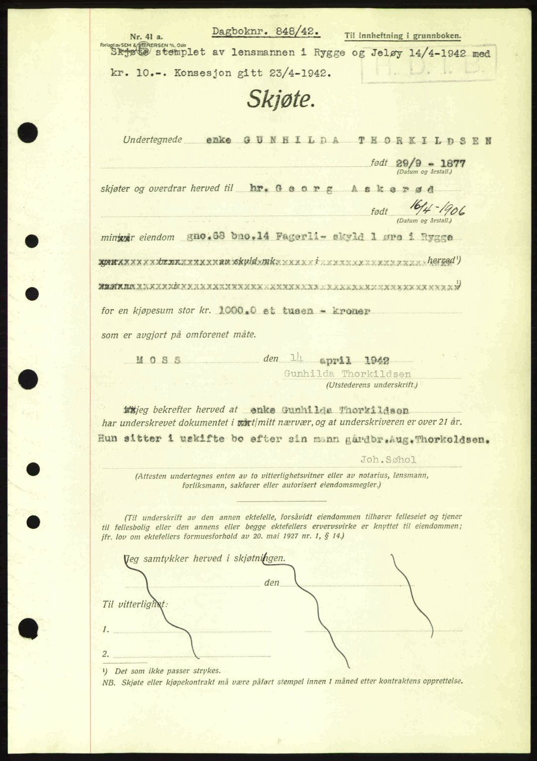 Moss sorenskriveri, SAO/A-10168: Pantebok nr. A9, 1941-1942, Dagboknr: 848/1942