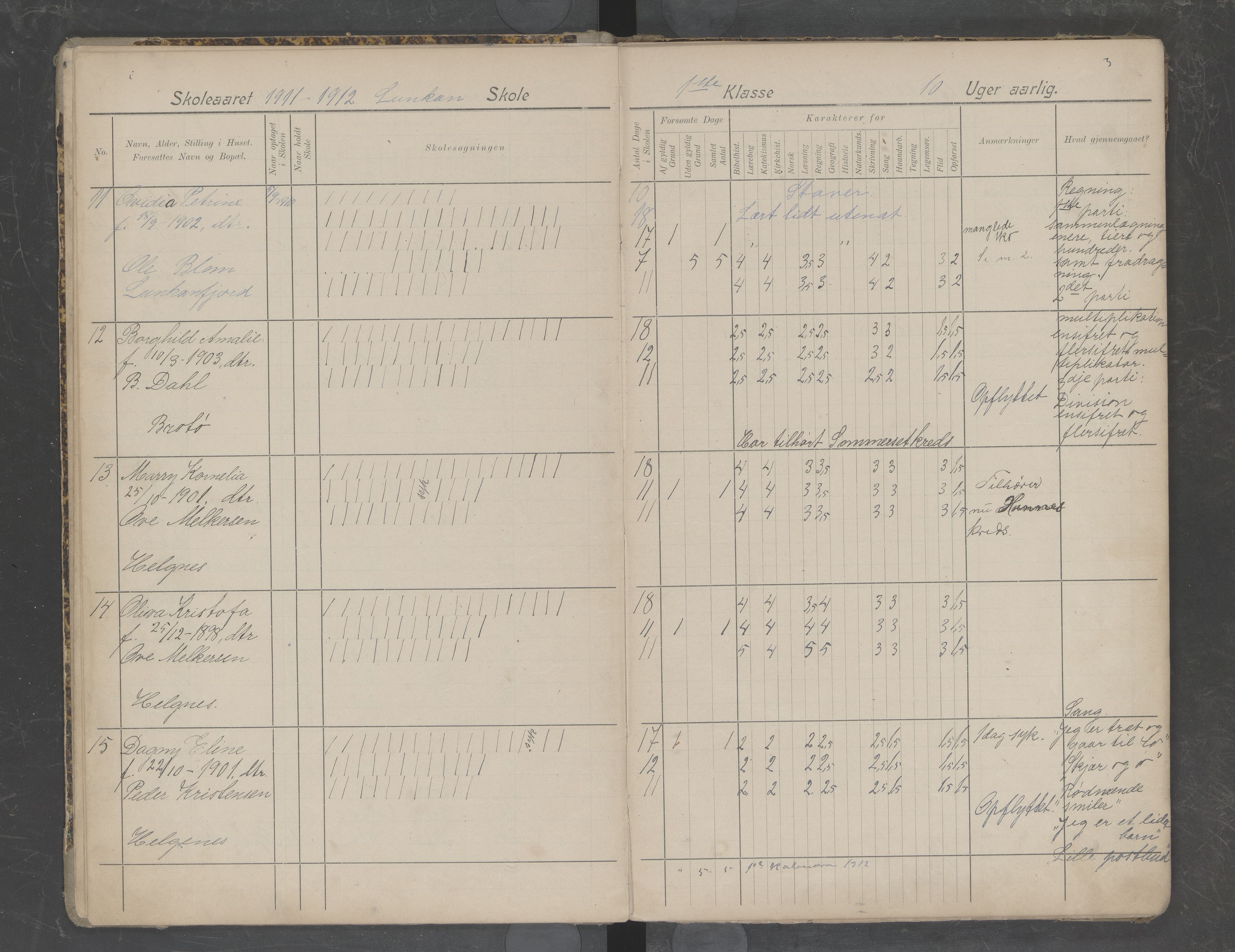 Hadsel kommune. Lonkan skolekrets, AIN/K-18660.510.05/G/L0002: Skoleprotokoll Lonkan skole, 1911-1919