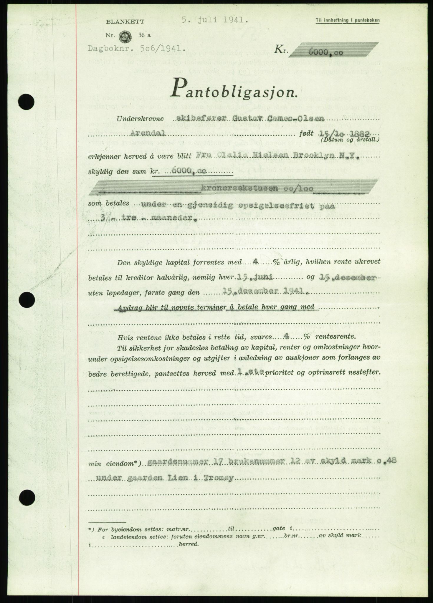 Nedenes sorenskriveri, SAK/1221-0006/G/Gb/Gbb/L0001: Pantebok nr. I, 1939-1942, Dagboknr: 506/1941