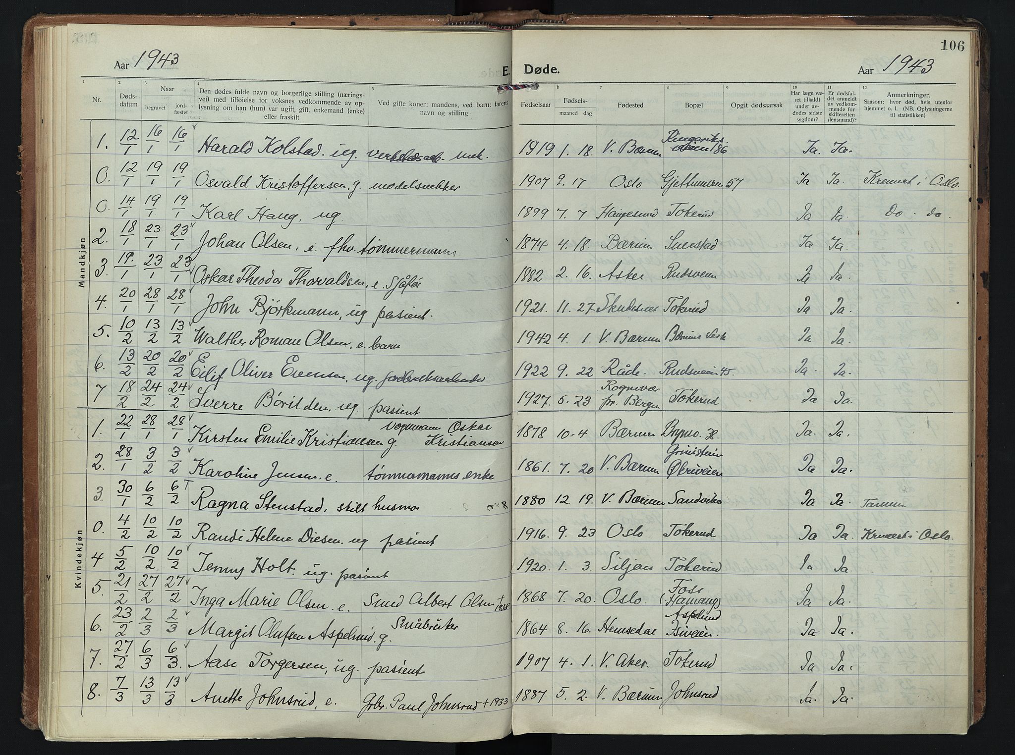 Vestre Bærum prestekontor Kirkebøker, AV/SAO-A-10209a/F/Fa/L0005: Ministerialbok nr. 5, 1922-1962, s. 106