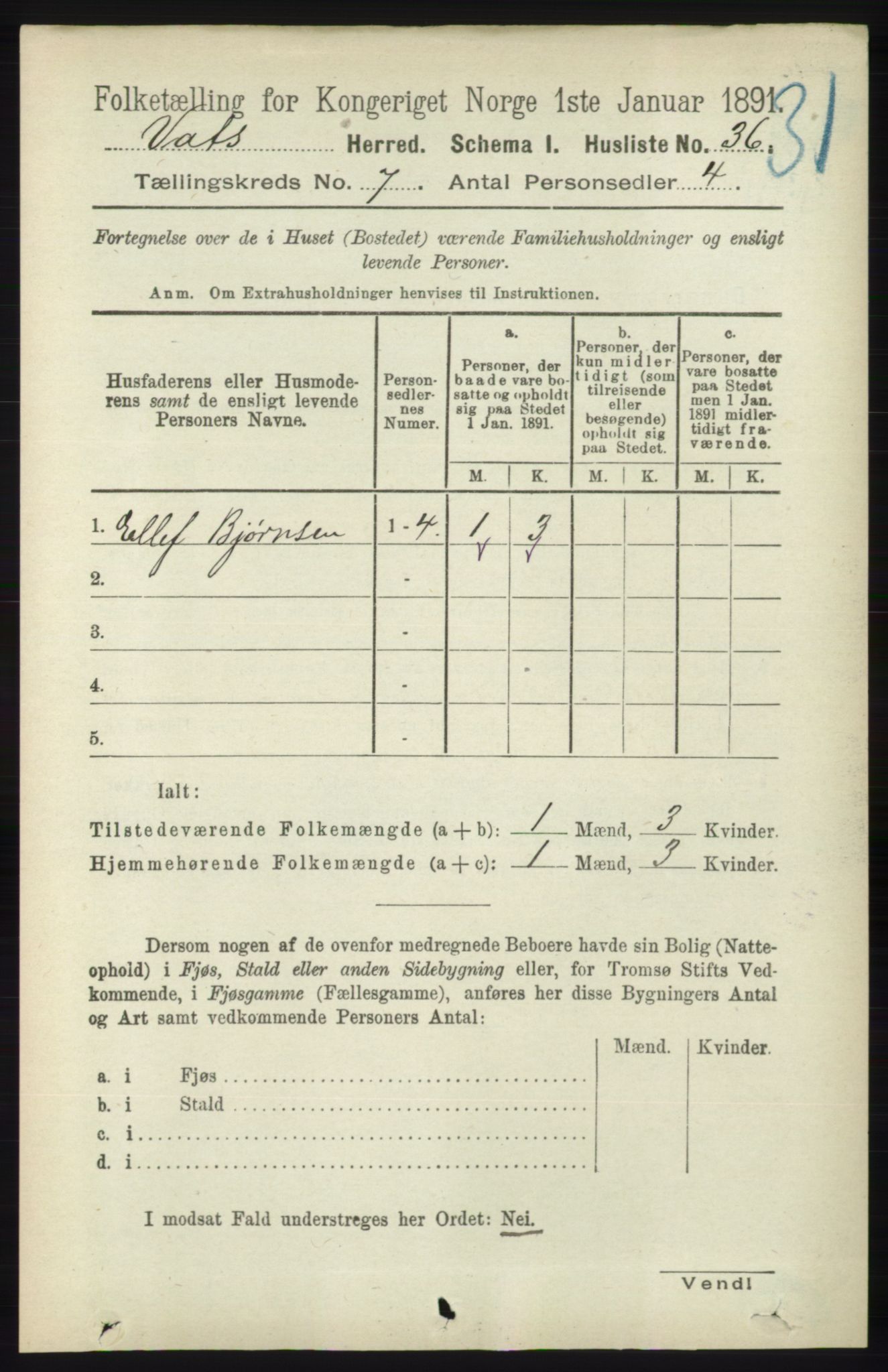 RA, Folketelling 1891 for 1155 Vats herred, 1891, s. 1095