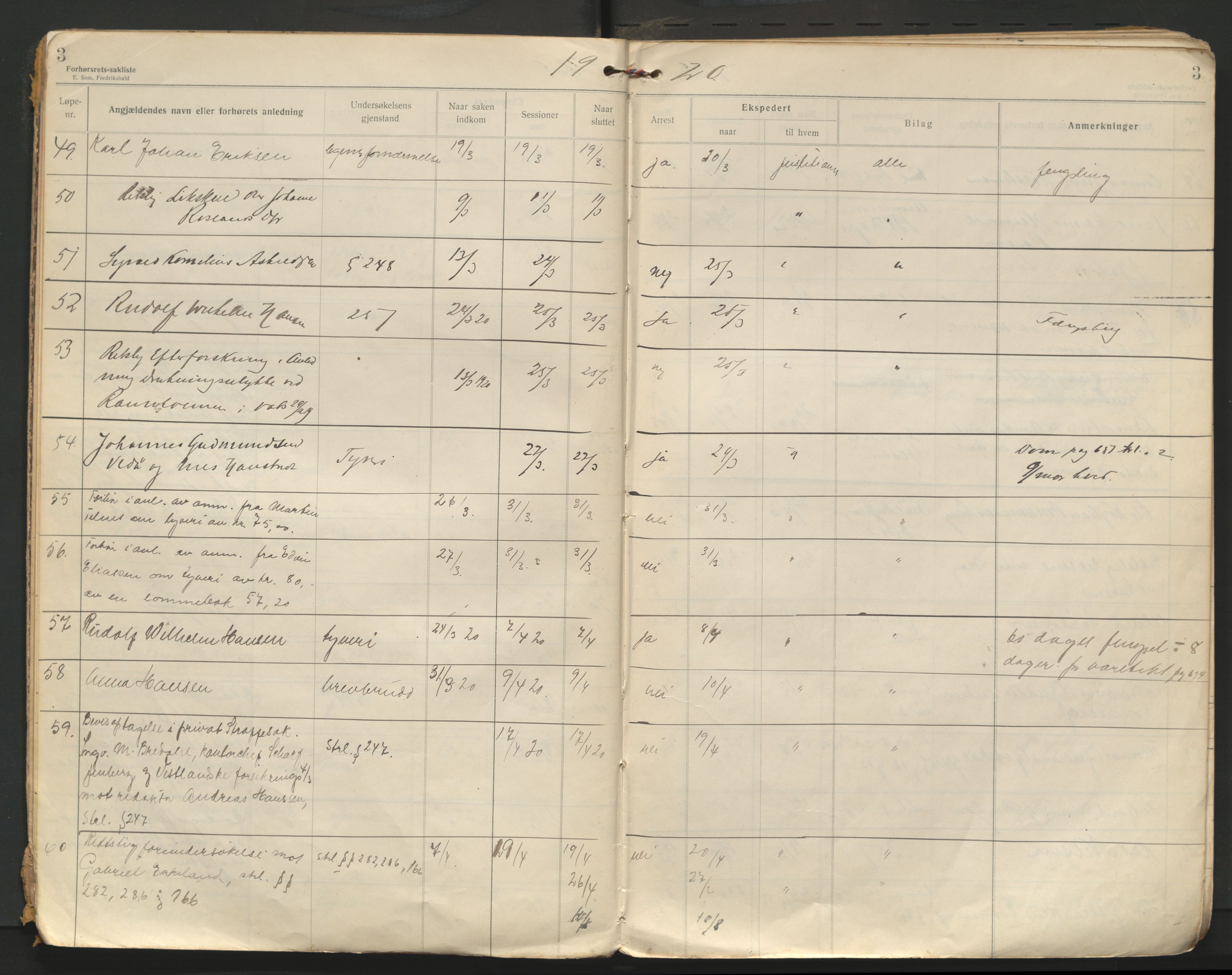 Stavanger byrett, AV/SAST-A-100455/001/3/31/311/3111A/L0001: Saksliste for forhørsrett, 1920-1927, s. 3