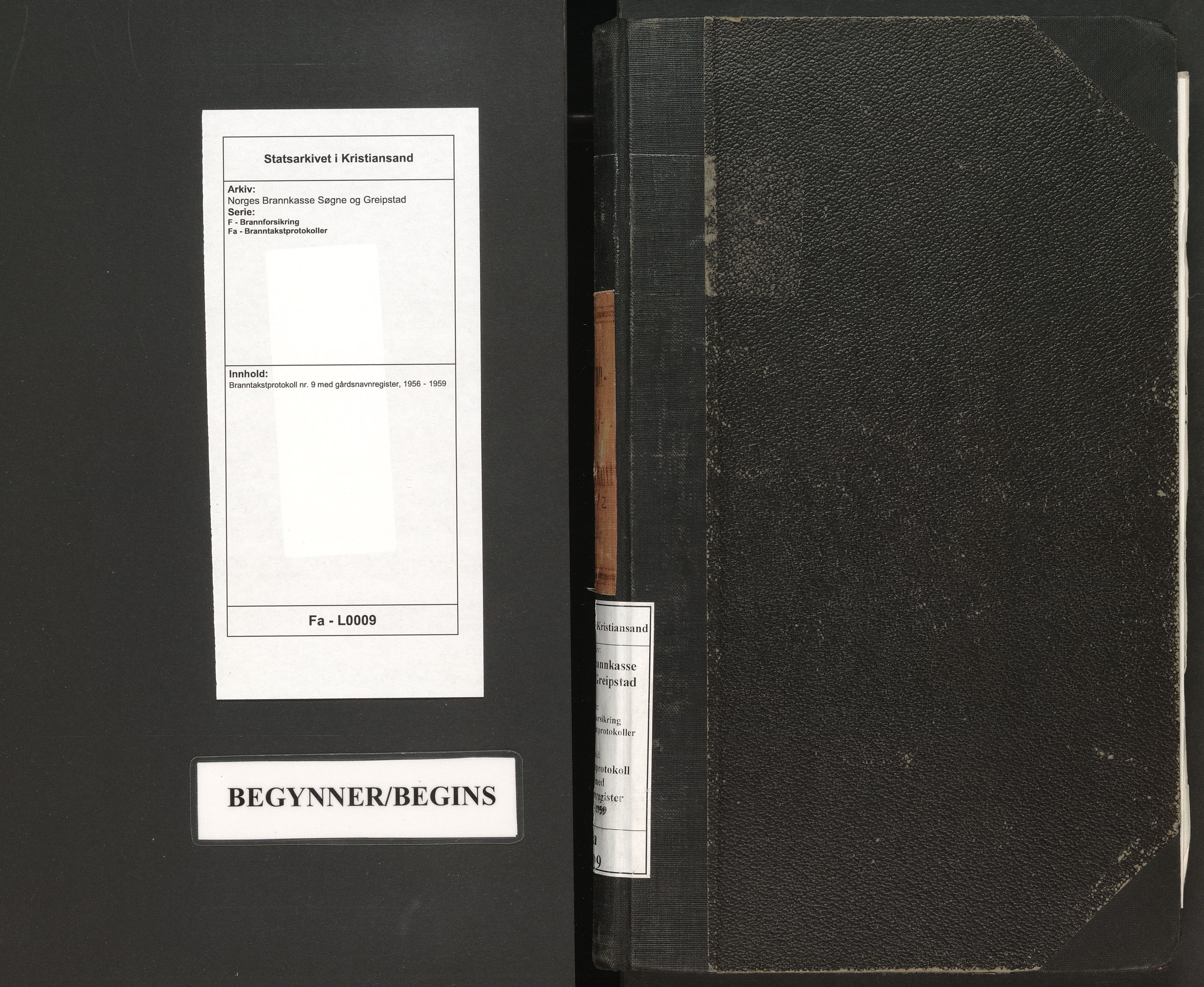 Norges Brannkasse Søgne og Greipstad, SAK/2241-0046/F/Fa/L0009: Branntakstprotokoll nr. 9 med gårdsnavnregister, 1956-1959