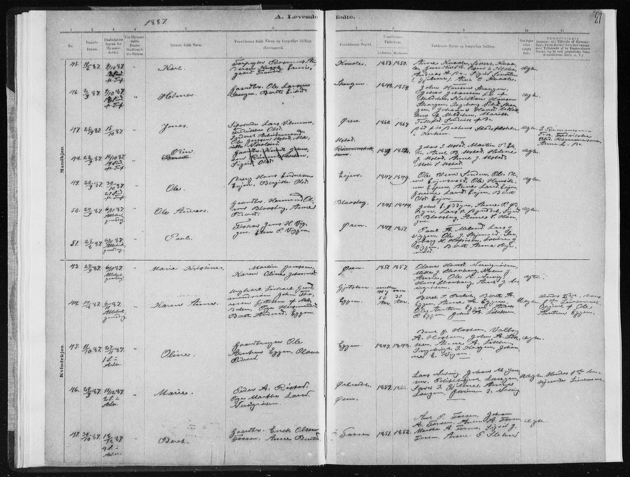 Ministerialprotokoller, klokkerbøker og fødselsregistre - Sør-Trøndelag, AV/SAT-A-1456/668/L0818: Klokkerbok nr. 668C07, 1885-1898, s. 27