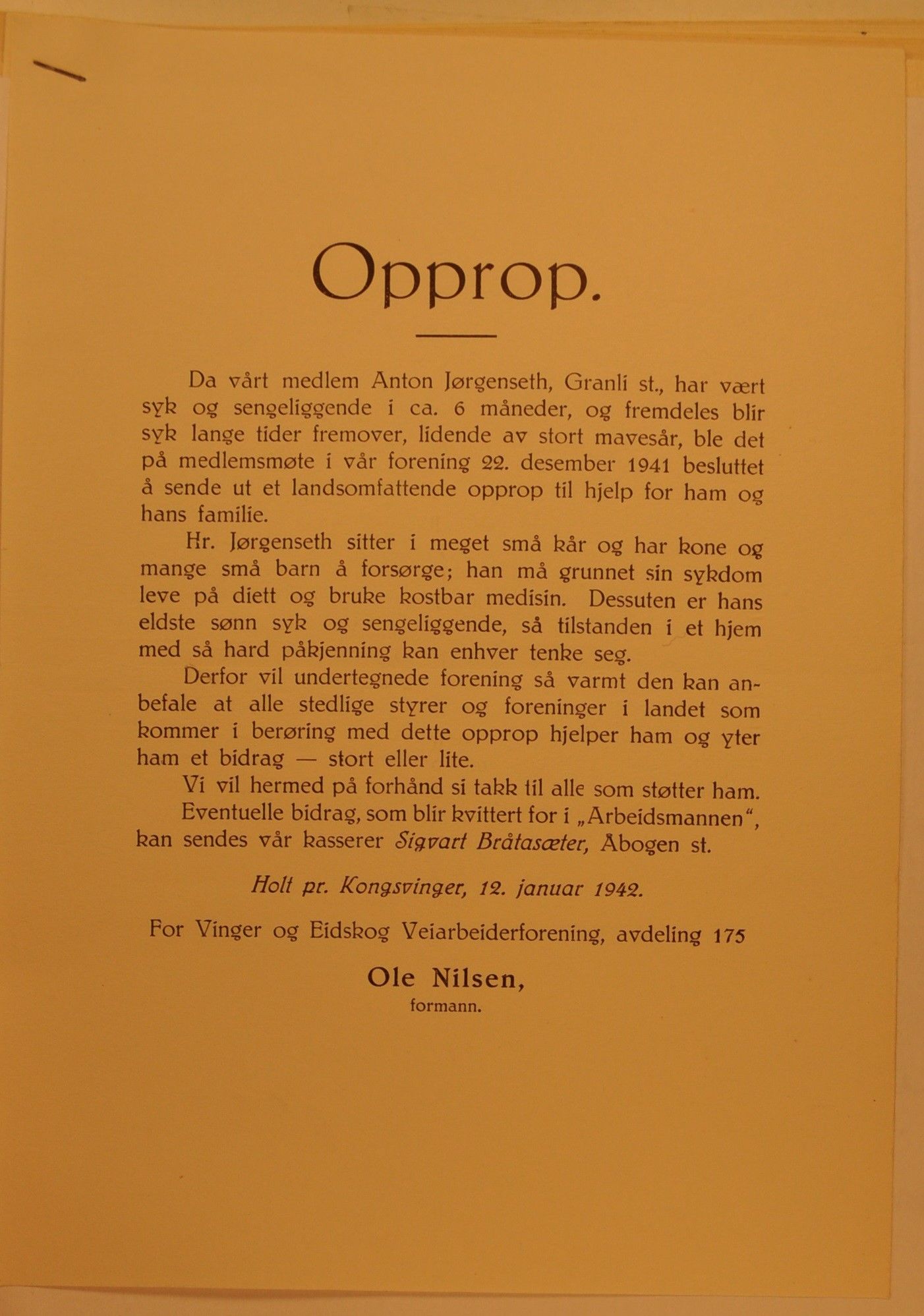 Hadeland Veiarbeiderforening, OARM/H-A-00304/D/Da/L0001/0012: Sakspapirer / Sakspapirer, 1942