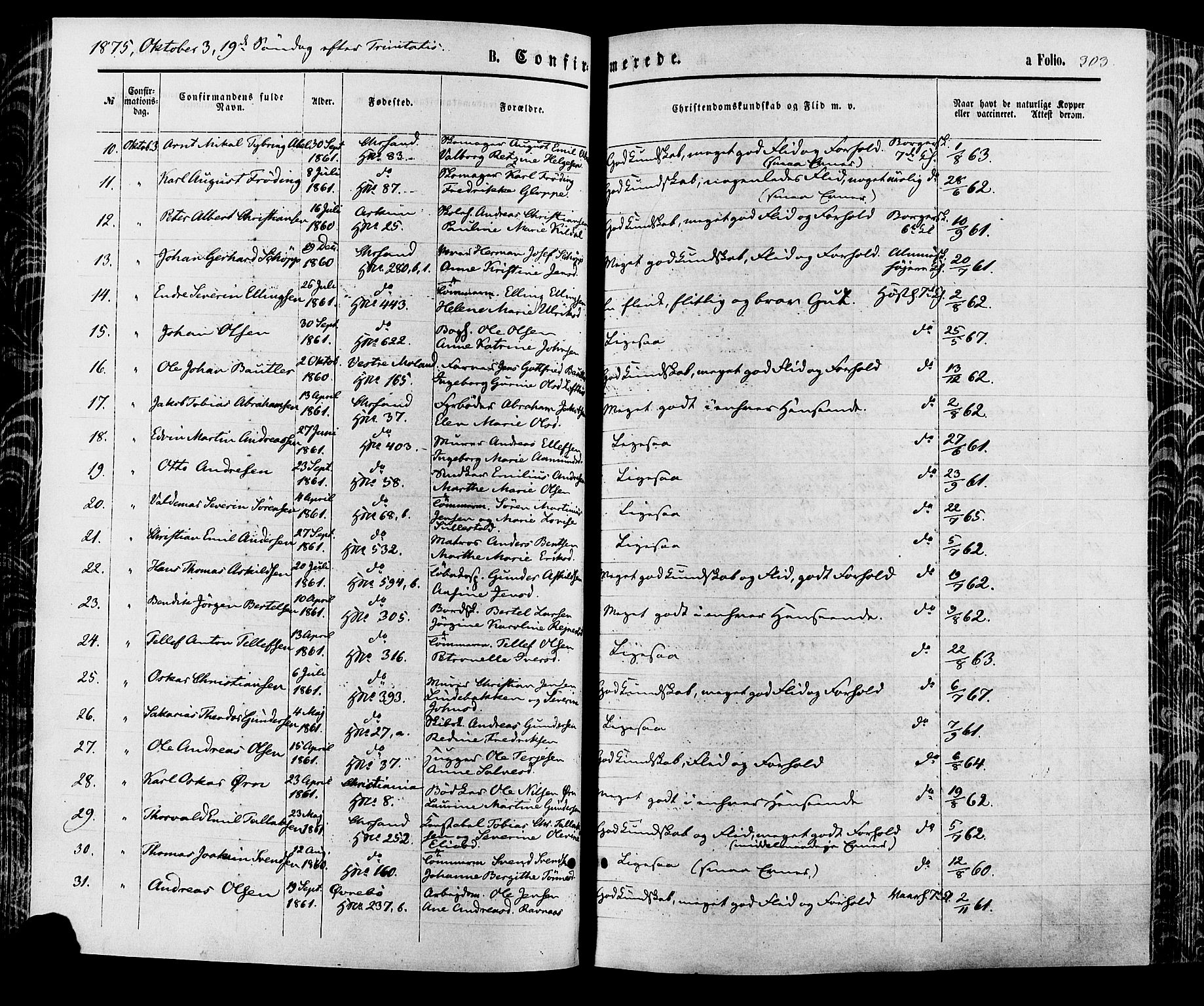 Kristiansand domprosti, AV/SAK-1112-0006/F/Fa/L0015: Ministerialbok nr. A 15, 1867-1880, s. 303