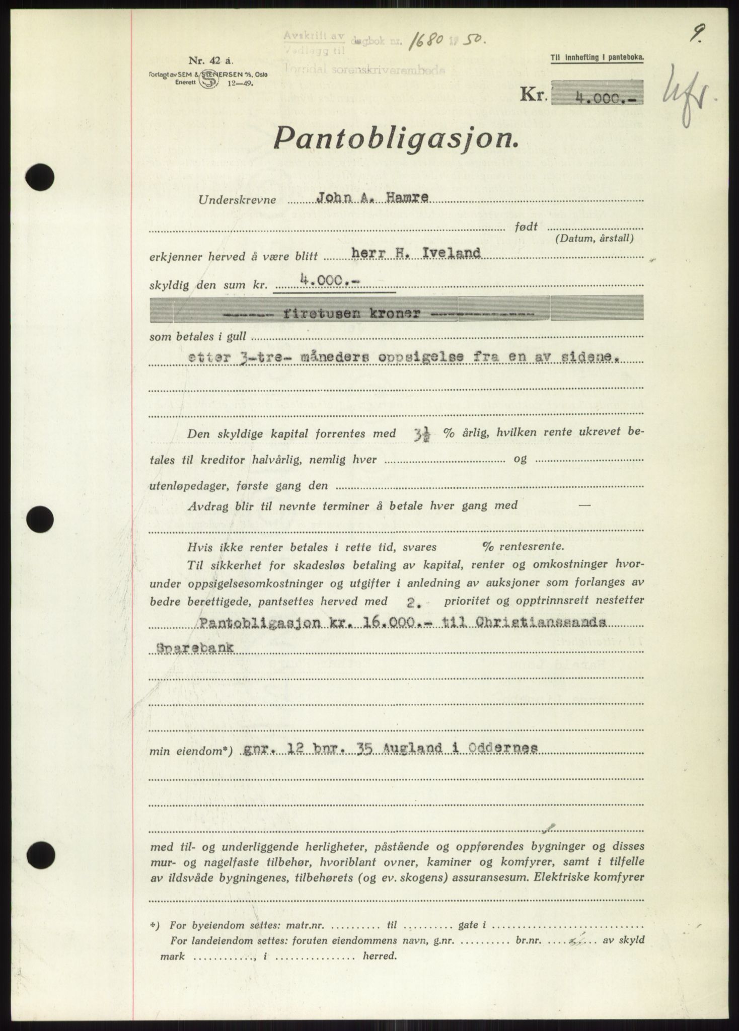 Torridal sorenskriveri, SAK/1221-0012/G/Gb/Gbb/L0020: Pantebok nr. 63B, 1950-1950, Dagboknr: 1680/1950