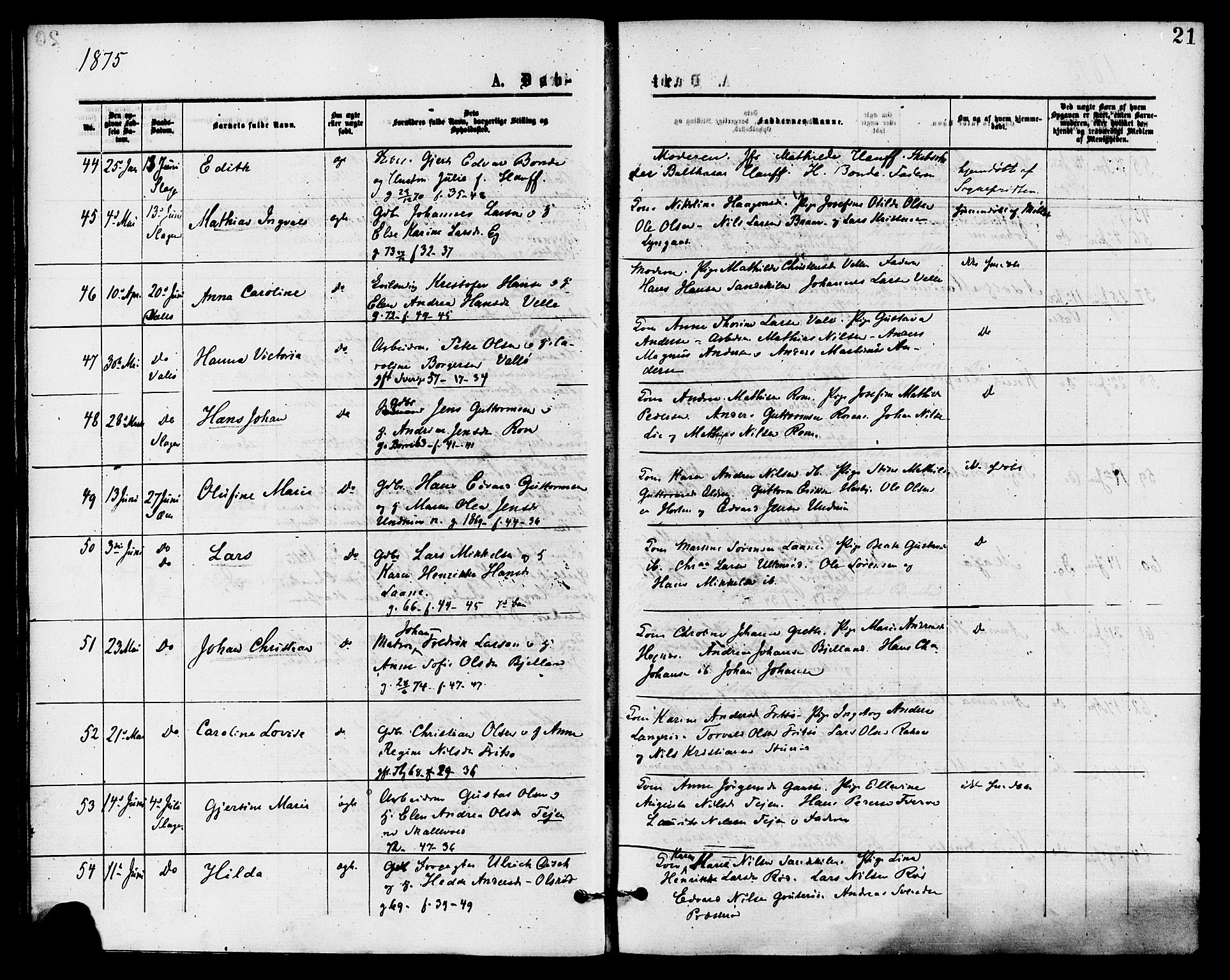 Sem kirkebøker, AV/SAKO-A-5/F/Fa/L0009: Ministerialbok nr. I 9, 1874-1877, s. 21