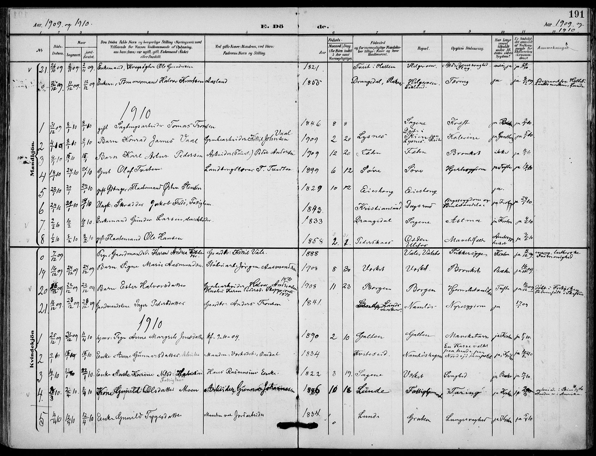 Holla kirkebøker, AV/SAKO-A-272/F/Fa/L0012: Ministerialbok nr. 12, 1907-1923, s. 191