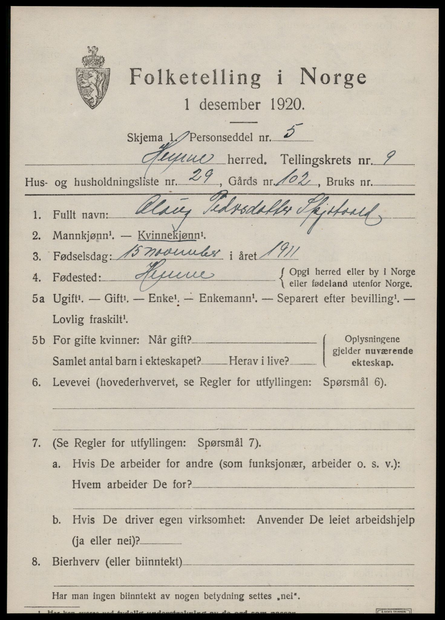 SAT, Folketelling 1920 for 1612 Hemne herred, 1920, s. 5718