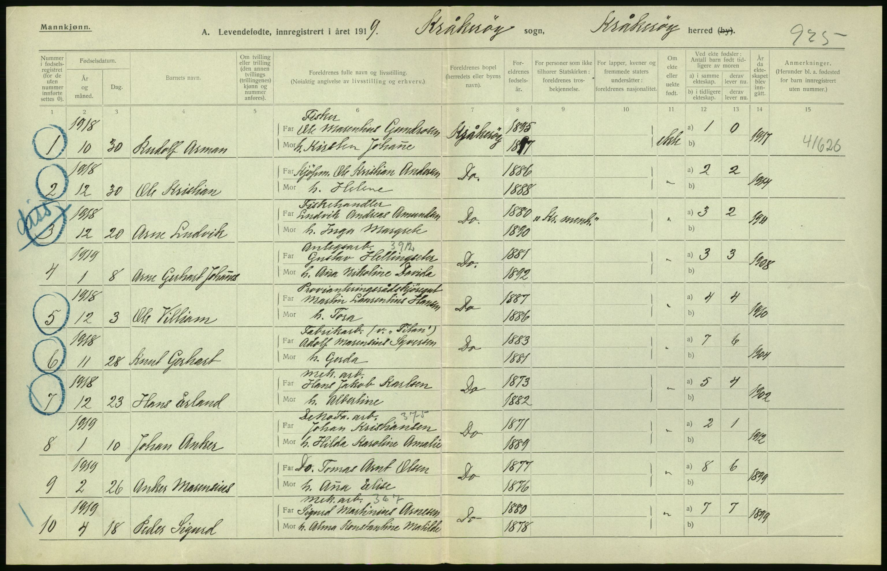 Statistisk sentralbyrå, Sosiodemografiske emner, Befolkning, RA/S-2228/D/Df/Dfb/Dfbi/L0001: Østfold fylke: Levendefødte menn og kvinner. Bygder., 1919, s. 360