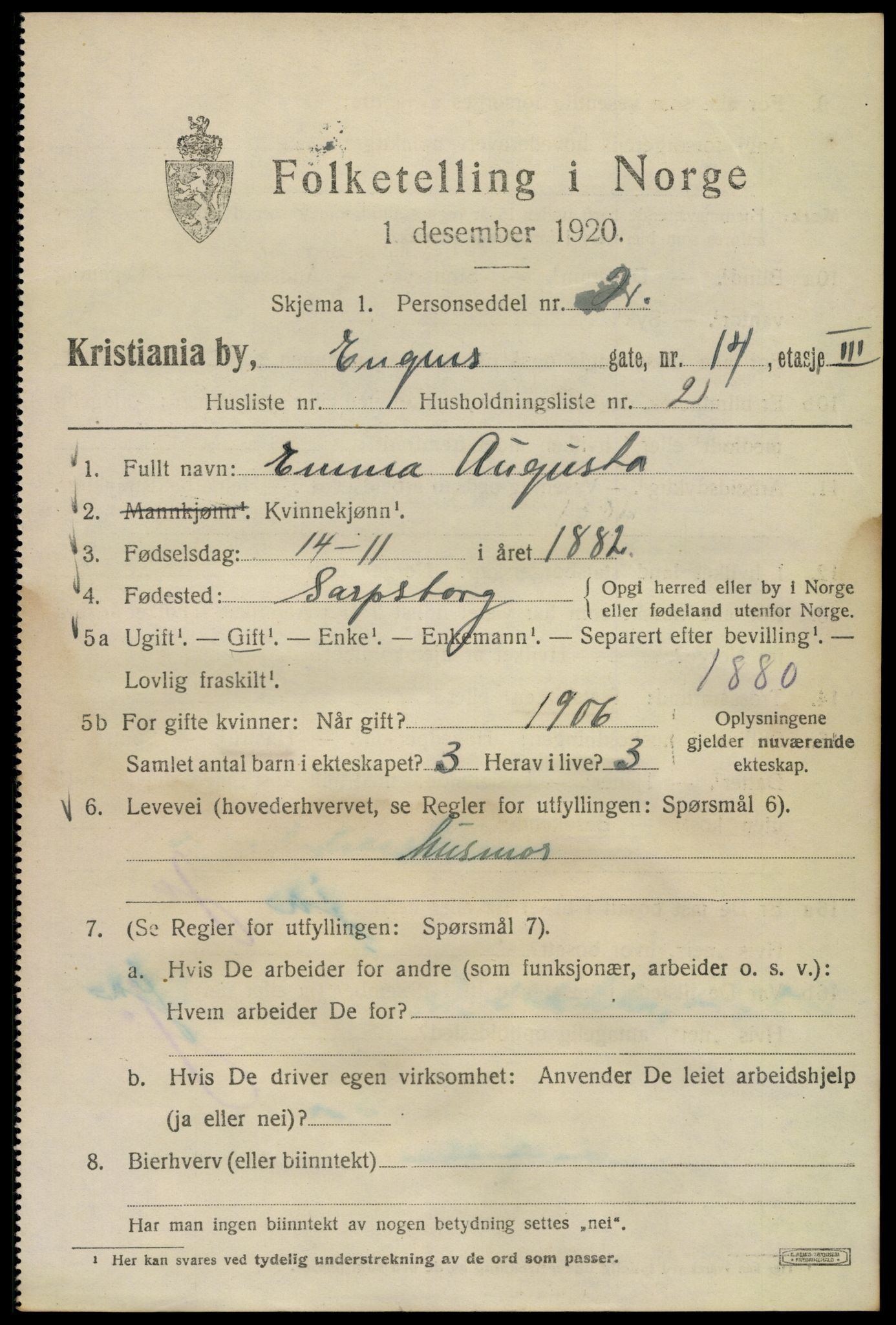 SAO, Folketelling 1920 for 0301 Kristiania kjøpstad, 1920, s. 218645