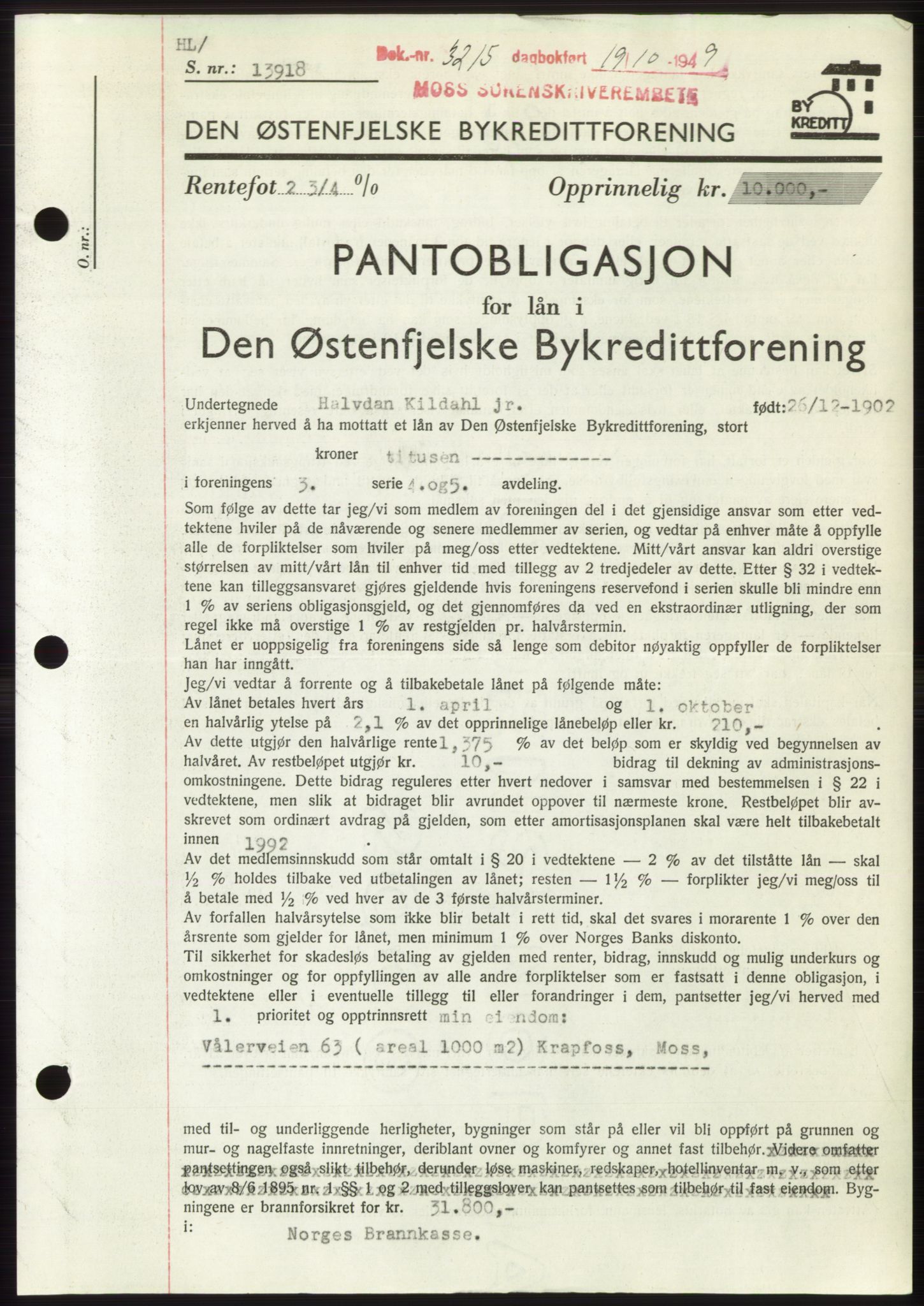 Moss sorenskriveri, SAO/A-10168: Pantebok nr. B23, 1949-1950, Dagboknr: 3215/1949