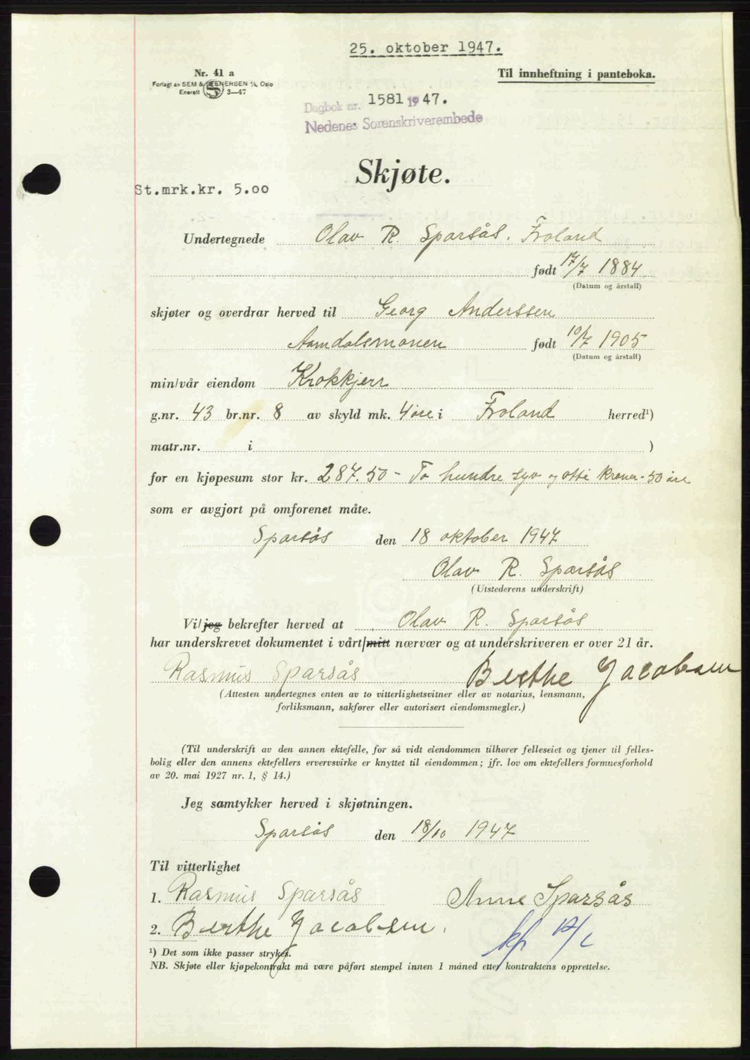 Nedenes sorenskriveri, SAK/1221-0006/G/Gb/Gba/L0058: Pantebok nr. A10, 1947-1948, Dagboknr: 1581/1947