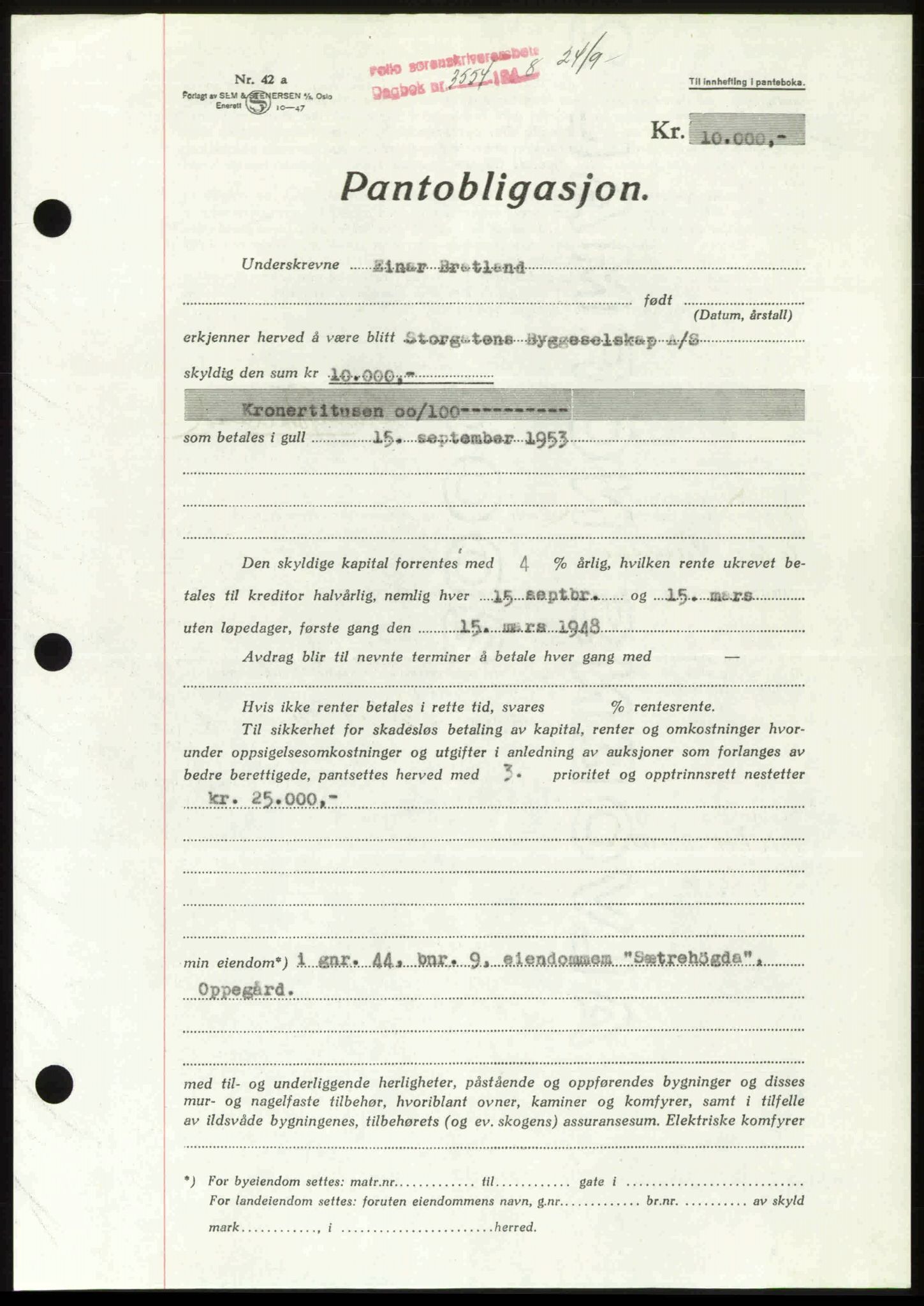 Follo sorenskriveri, SAO/A-10274/G/Ga/Gaa/L0085: Pantebok nr. I 85, 1948-1948, Dagboknr: 3554/1948