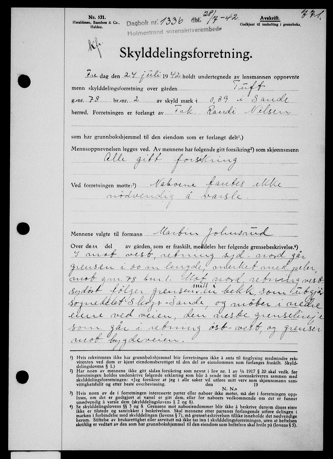 Holmestrand sorenskriveri, SAKO/A-67/G/Ga/Gaa/L0055: Pantebok nr. A-55, 1942-1942, Dagboknr: 1336/1942