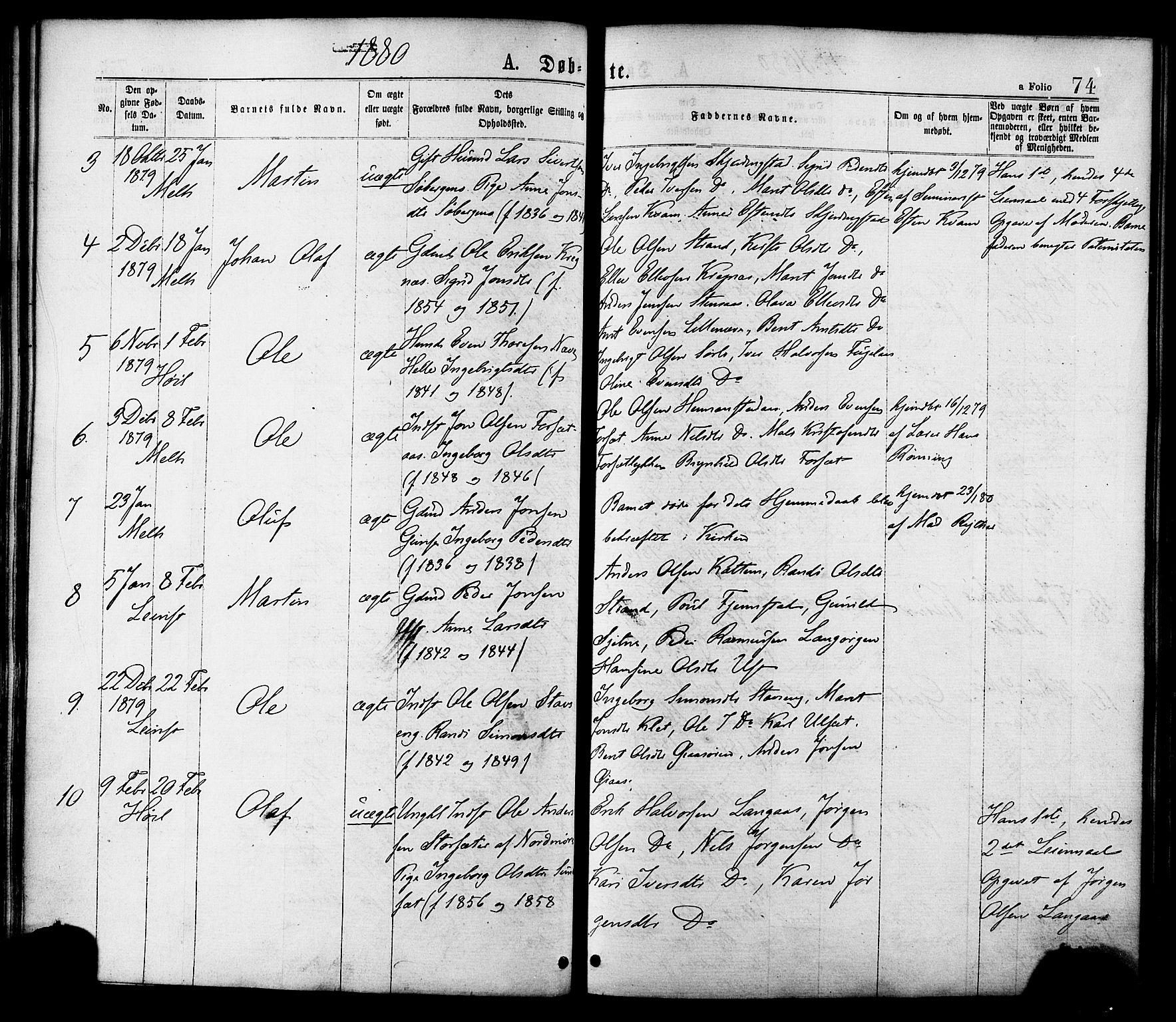 Ministerialprotokoller, klokkerbøker og fødselsregistre - Sør-Trøndelag, AV/SAT-A-1456/691/L1079: Ministerialbok nr. 691A11, 1873-1886, s. 74