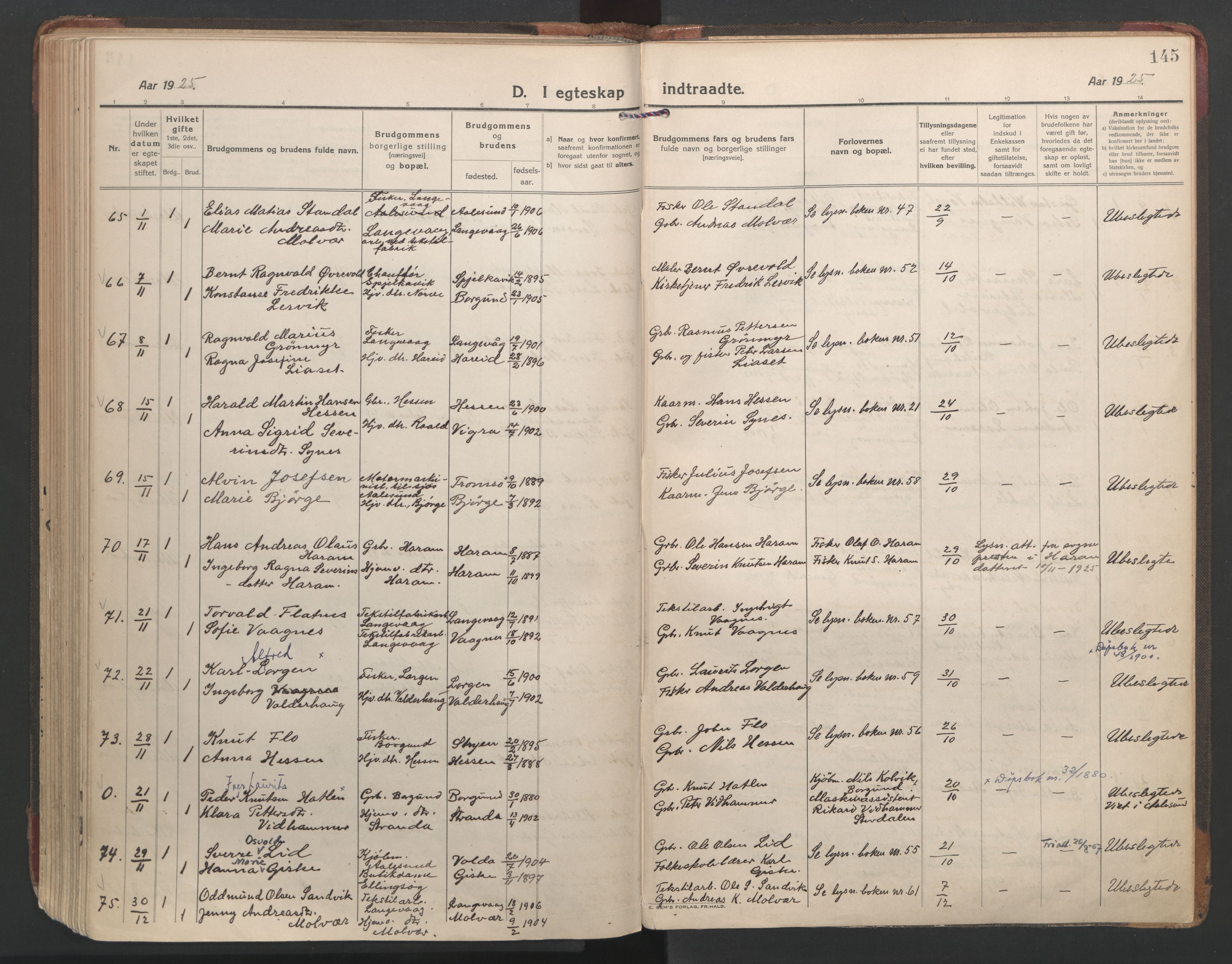 Ministerialprotokoller, klokkerbøker og fødselsregistre - Møre og Romsdal, SAT/A-1454/528/L0412: Ministerialbok nr. 528A21, 1920-1926, s. 145