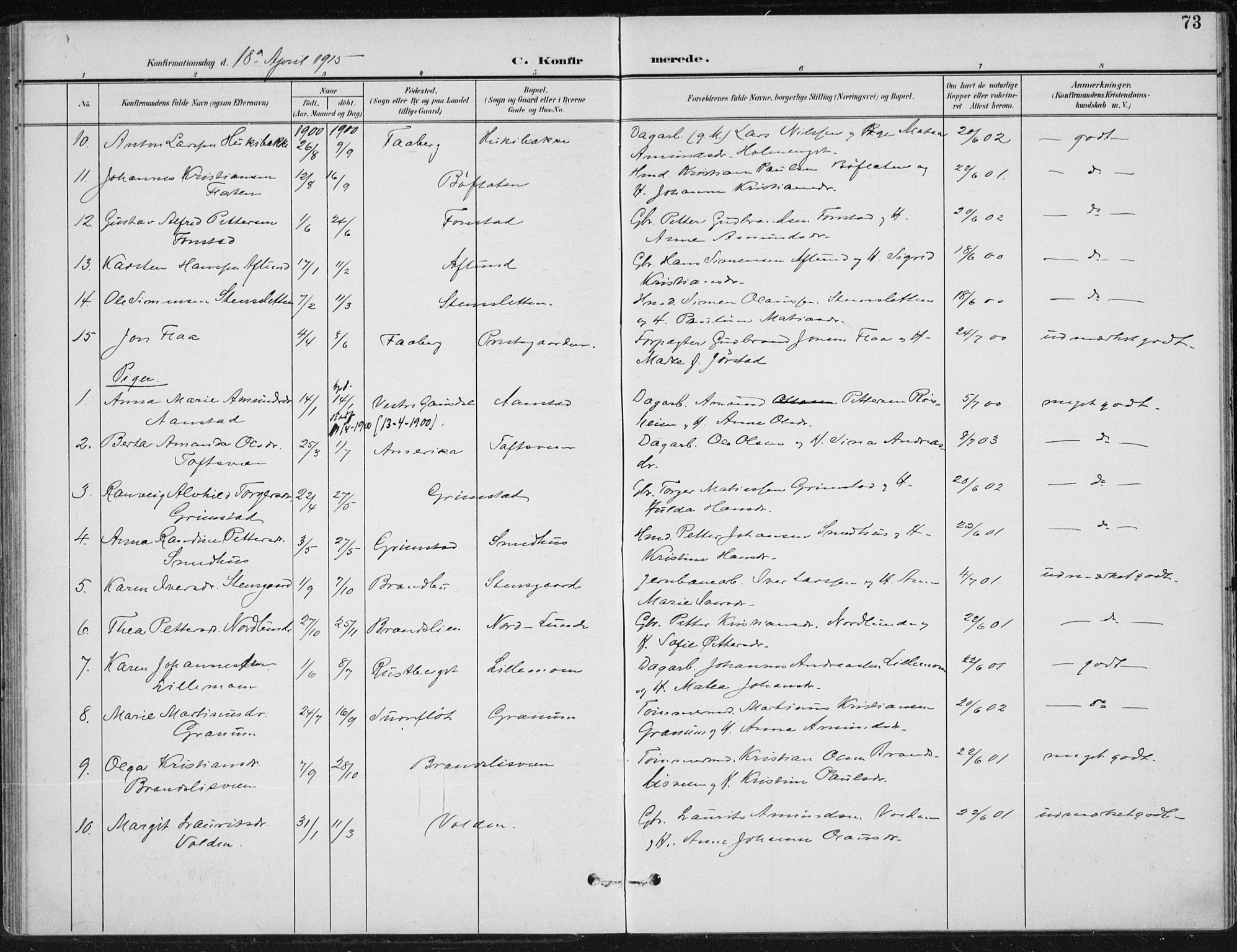 Østre Gausdal prestekontor, SAH/PREST-092/H/Ha/Haa/L0005: Ministerialbok nr. 5, 1902-1920, s. 73