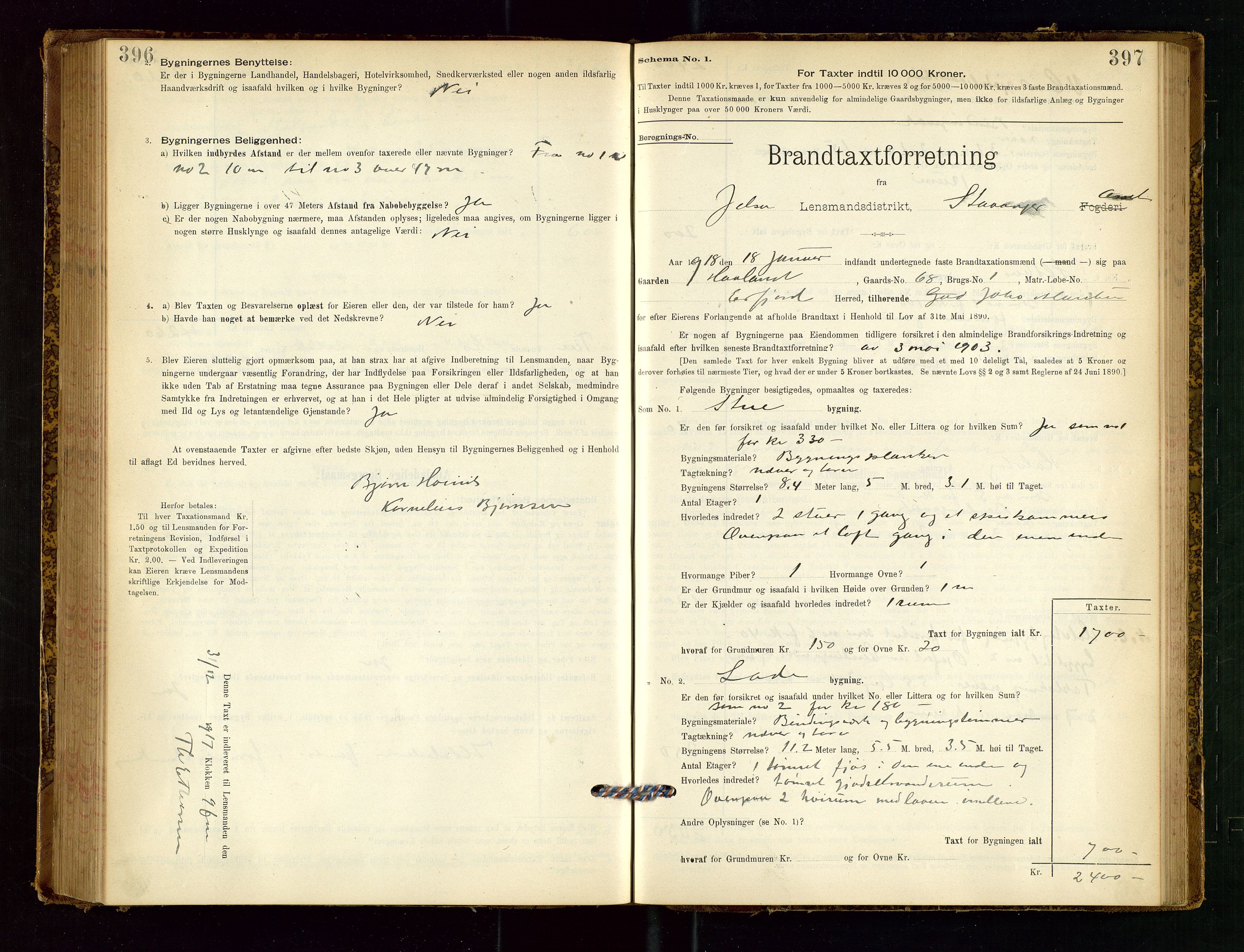 Jelsa lensmannskontor, SAST/A-100360/Gob/L0001: "Brandtaxationsprotocol", 1895-1918, s. 396-397