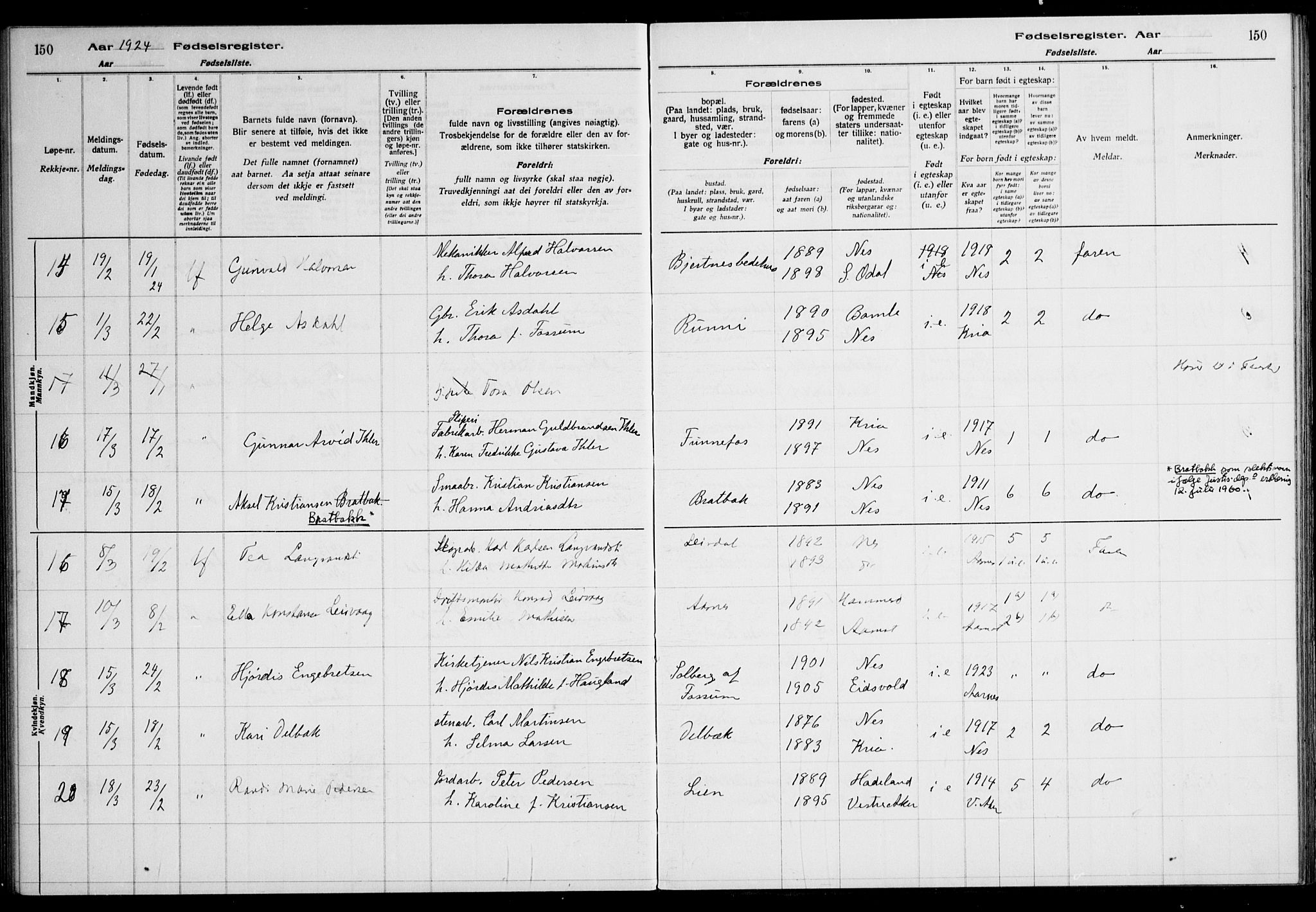 Nes prestekontor Kirkebøker, AV/SAO-A-10410/J/Ja/L0001: Fødselsregister nr. 1, 1916-1926, s. 150