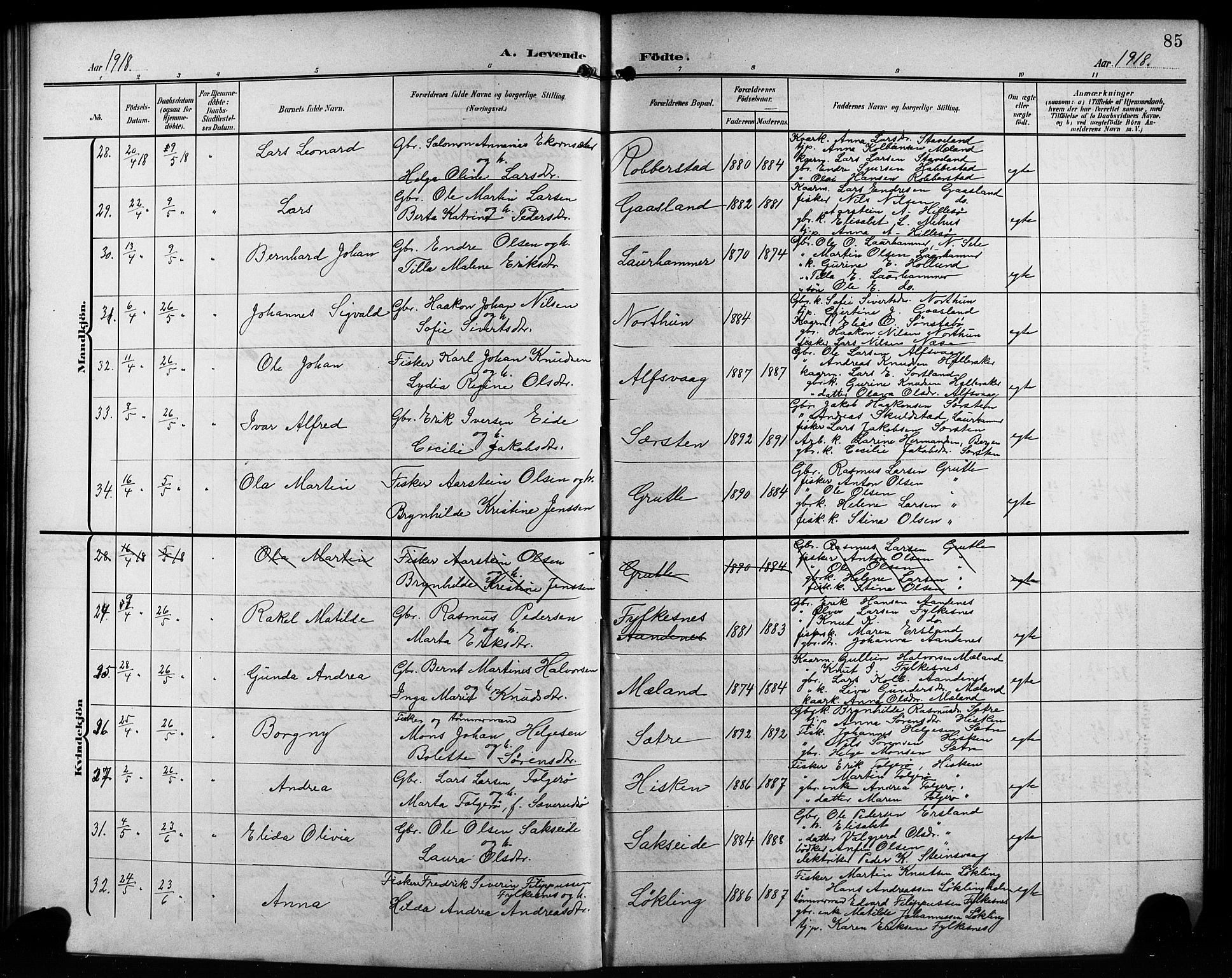 Finnås sokneprestembete, AV/SAB-A-99925/H/Ha/Hab/Habb/L0005: Klokkerbok nr. B 5, 1907-1920, s. 85