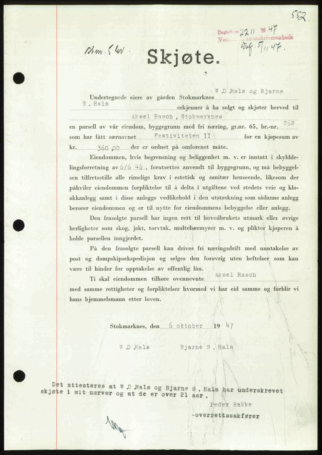 Vesterålen sorenskriveri, SAT/A-4180/1/2/2Ca: Pantebok nr. A21, 1947-1947, Dagboknr: 2211/1947