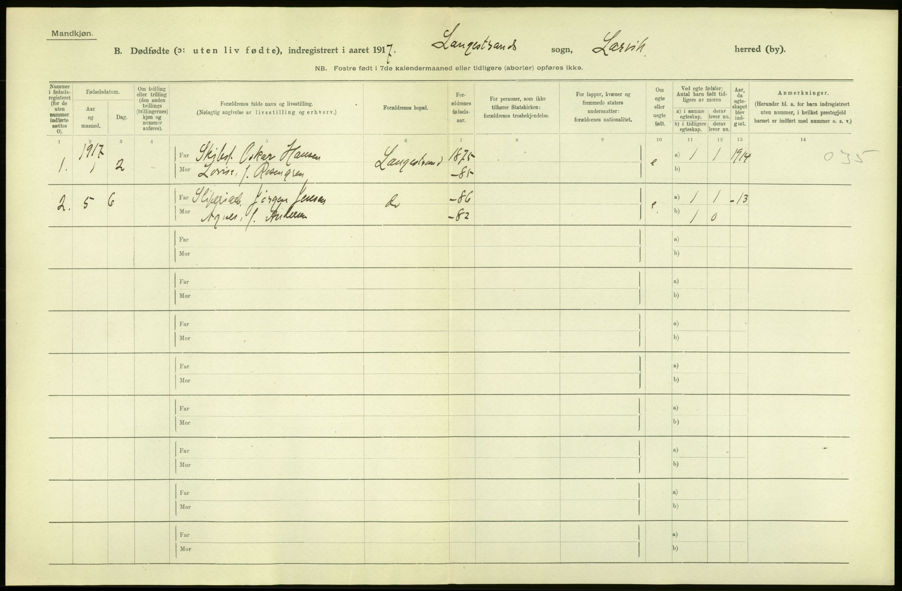 Statistisk sentralbyrå, Sosiodemografiske emner, Befolkning, AV/RA-S-2228/D/Df/Dfb/Dfbg/L0023: Jarlsberg og Larviks amt: Døde, dødfødte. Bygder og byer., 1917, s. 4