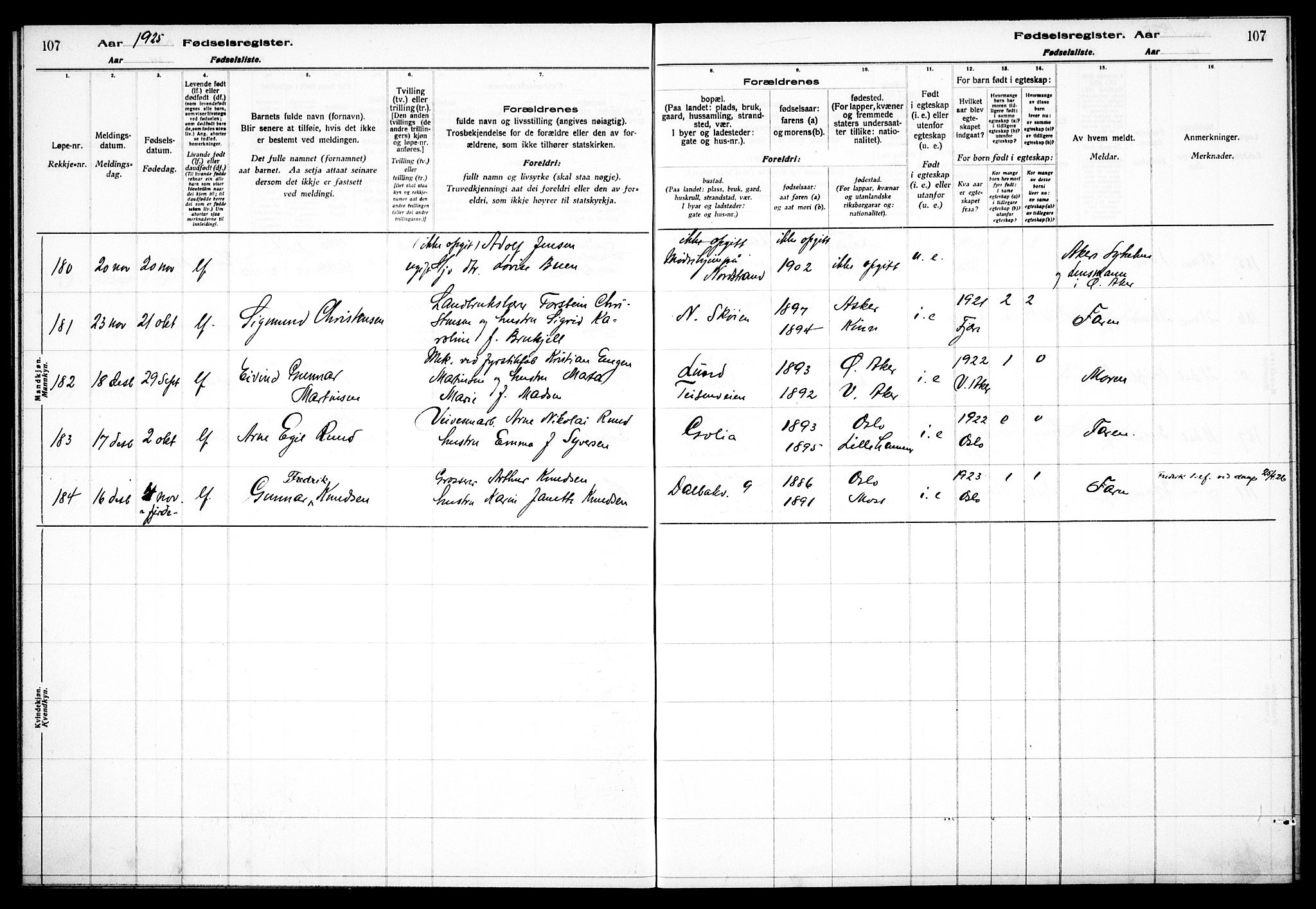 Østre Aker prestekontor Kirkebøker, AV/SAO-A-10840/J/Ja/L0002: Fødselsregister nr. I 2, 1923-1927, s. 107
