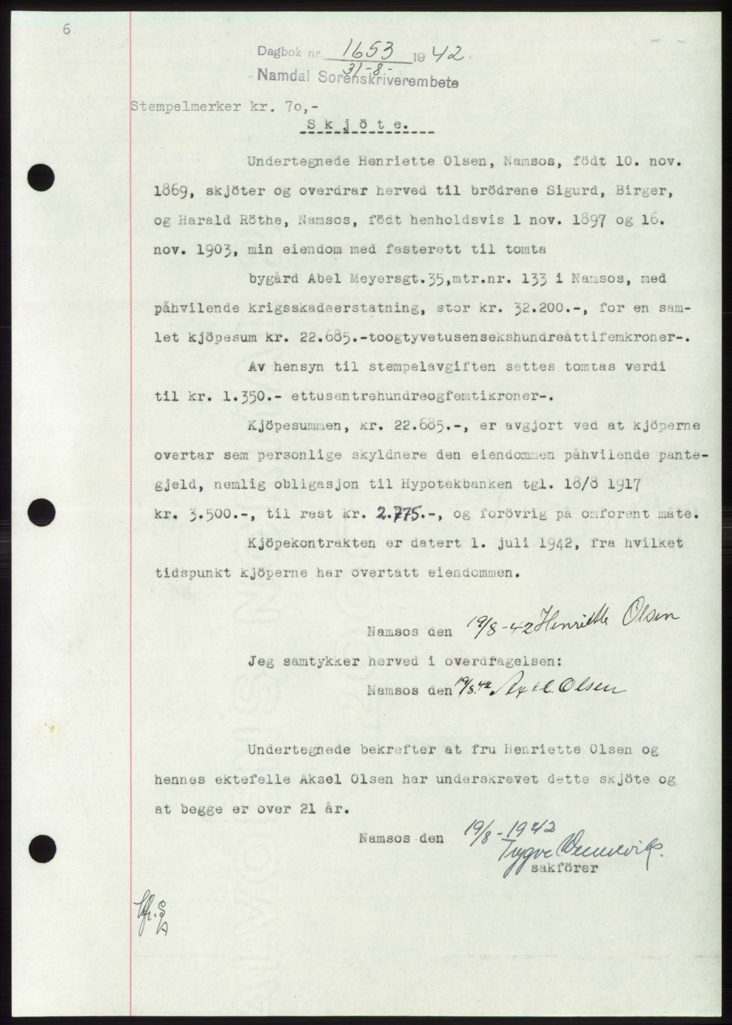 Namdal sorenskriveri, SAT/A-4133/1/2/2C: Pantebok nr. -, 1942-1943, Dagboknr: 1653/1942