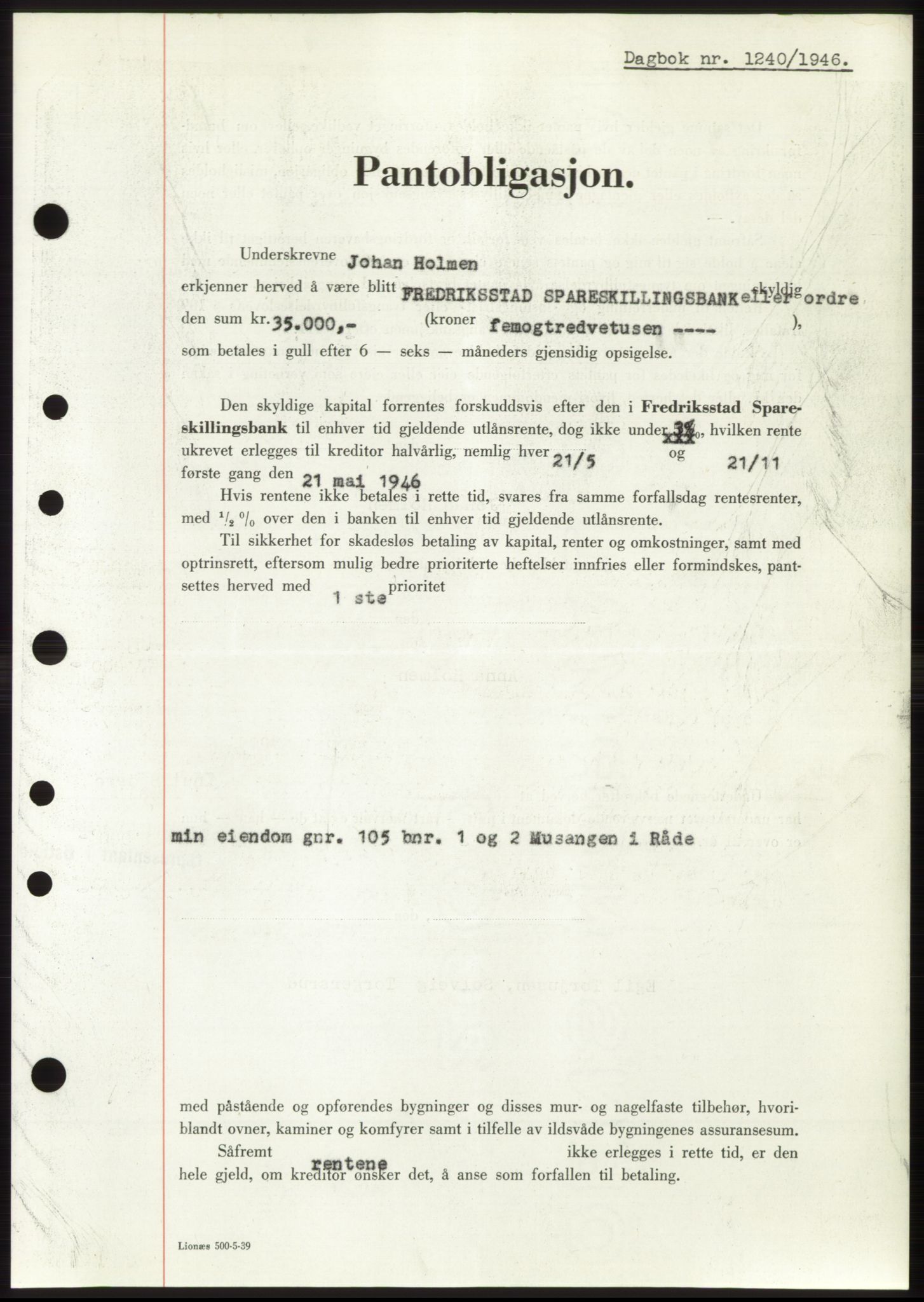 Moss sorenskriveri, SAO/A-10168: Pantebok nr. B15, 1946-1946, Dagboknr: 1240/1946