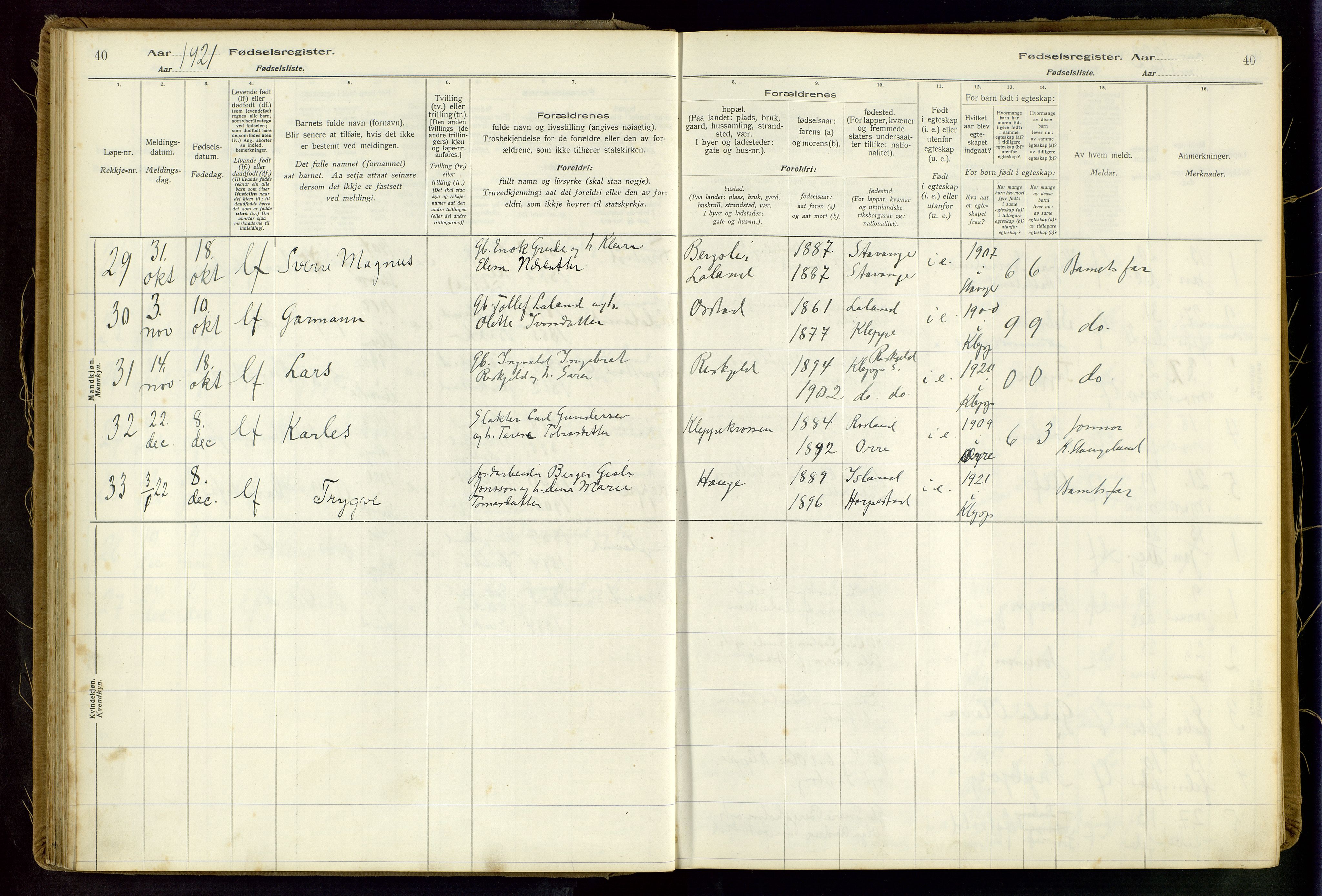 Klepp sokneprestkontor, AV/SAST-A-101803/001/704BAA/L0001: Fødselsregister nr. 1, 1916-1948, s. 40
