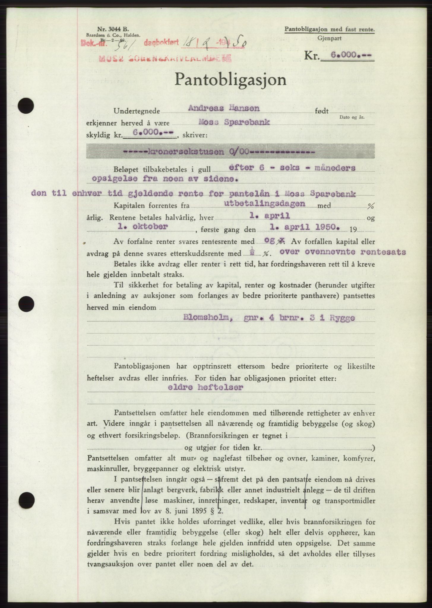 Moss sorenskriveri, SAO/A-10168: Pantebok nr. B23, 1949-1950, Dagboknr: 561/1950
