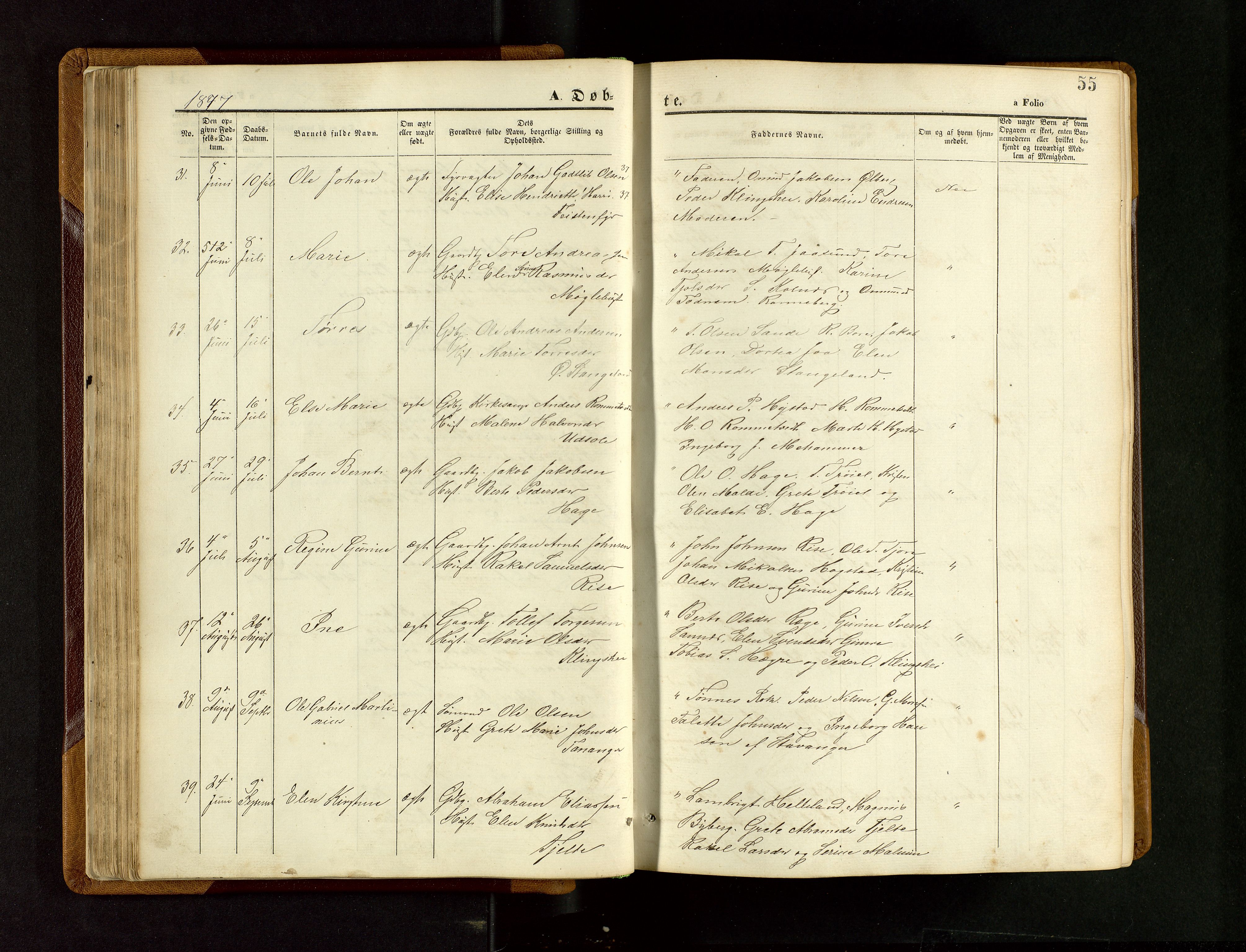 Håland sokneprestkontor, AV/SAST-A-101802/001/30BB/L0003: Klokkerbok nr. B 3, 1873-1893, s. 55