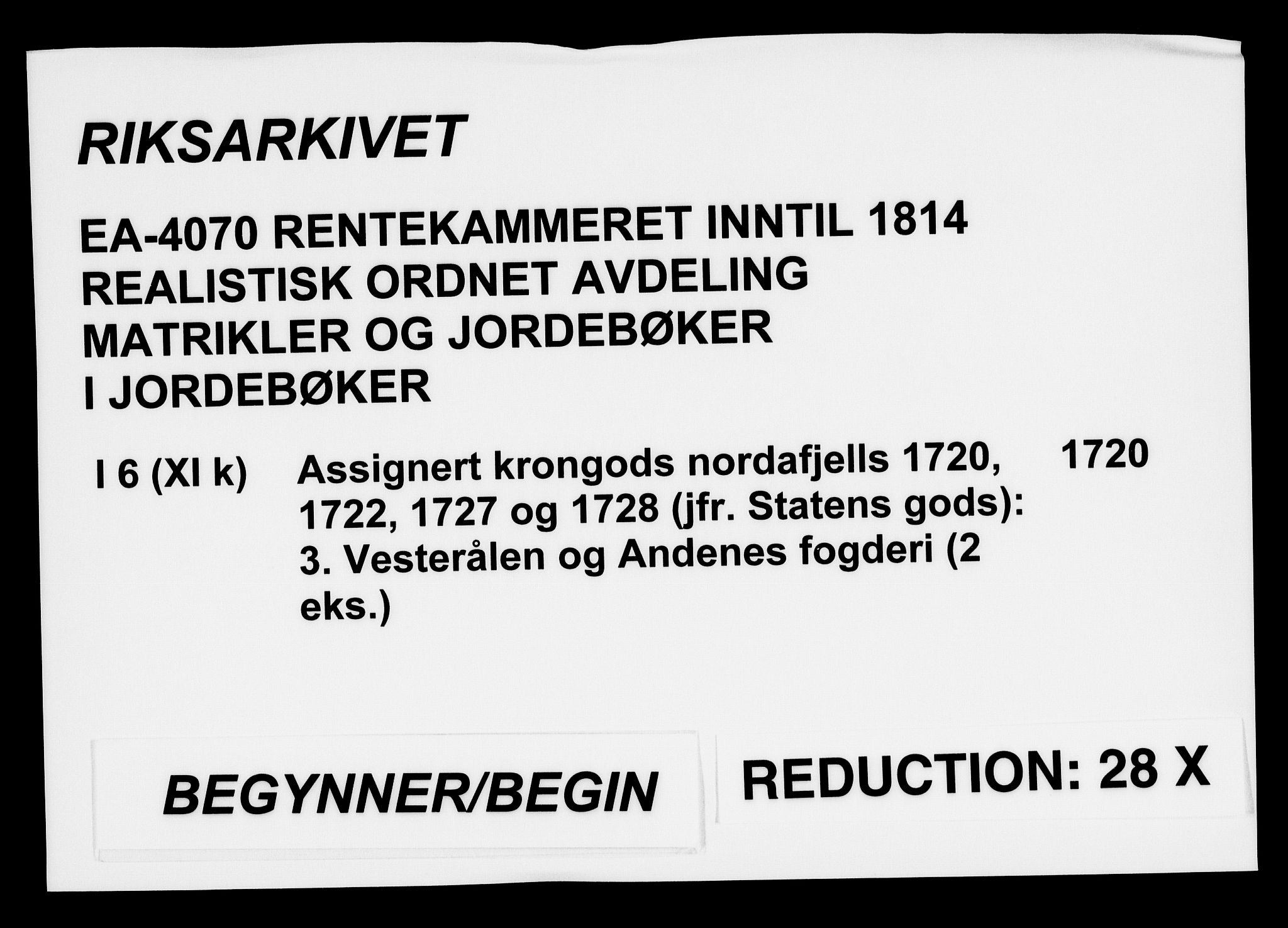 Rentekammeret inntil 1814, Realistisk ordnet avdeling, RA/EA-4070/N/Na/L0006/0003: [XI k]: Assignert krongods nordafjells (1720, 1722, 1727 og 1728): / Vesterålen og Andenes fogderi, 1720