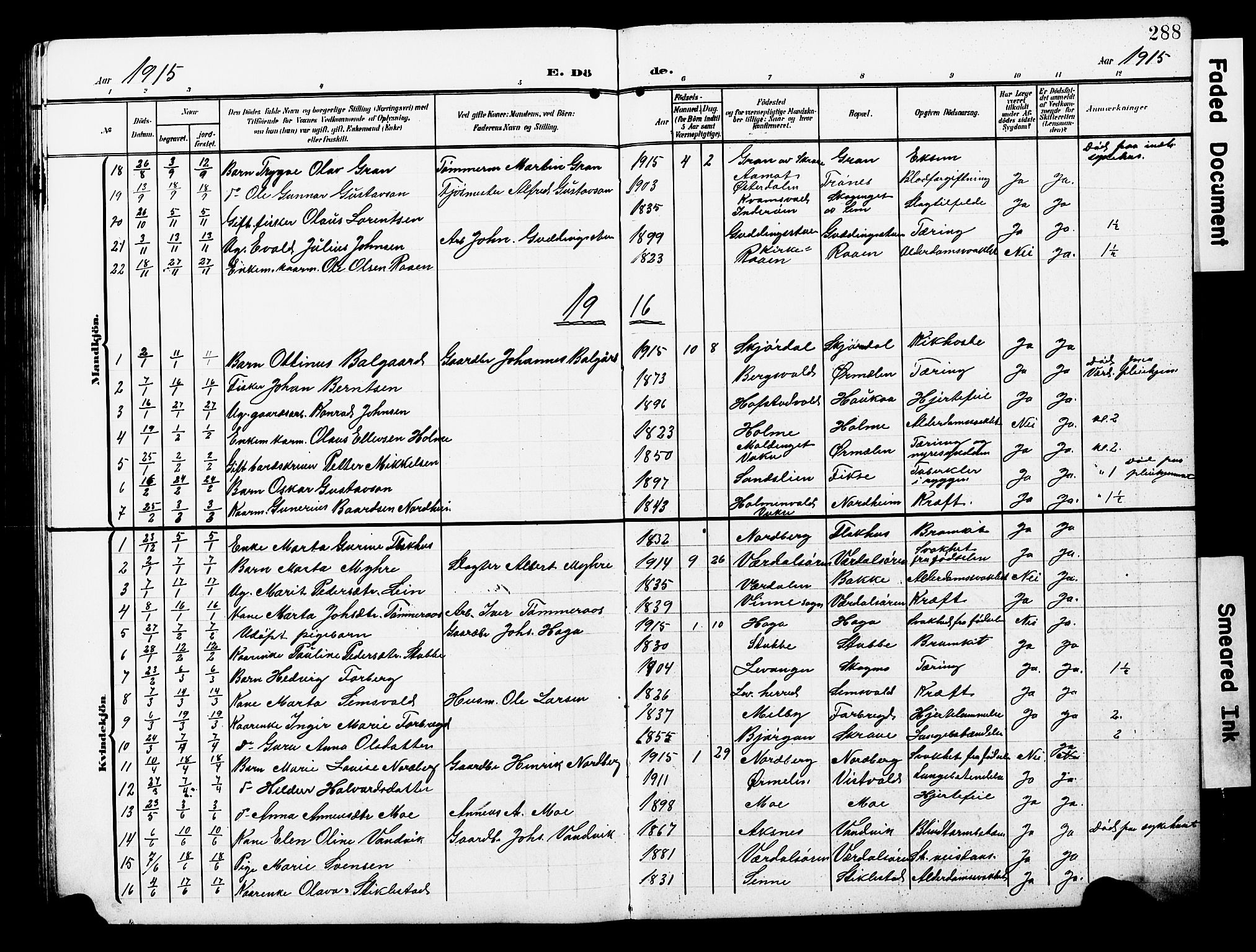 Ministerialprotokoller, klokkerbøker og fødselsregistre - Nord-Trøndelag, AV/SAT-A-1458/723/L0258: Klokkerbok nr. 723C06, 1908-1927, s. 288