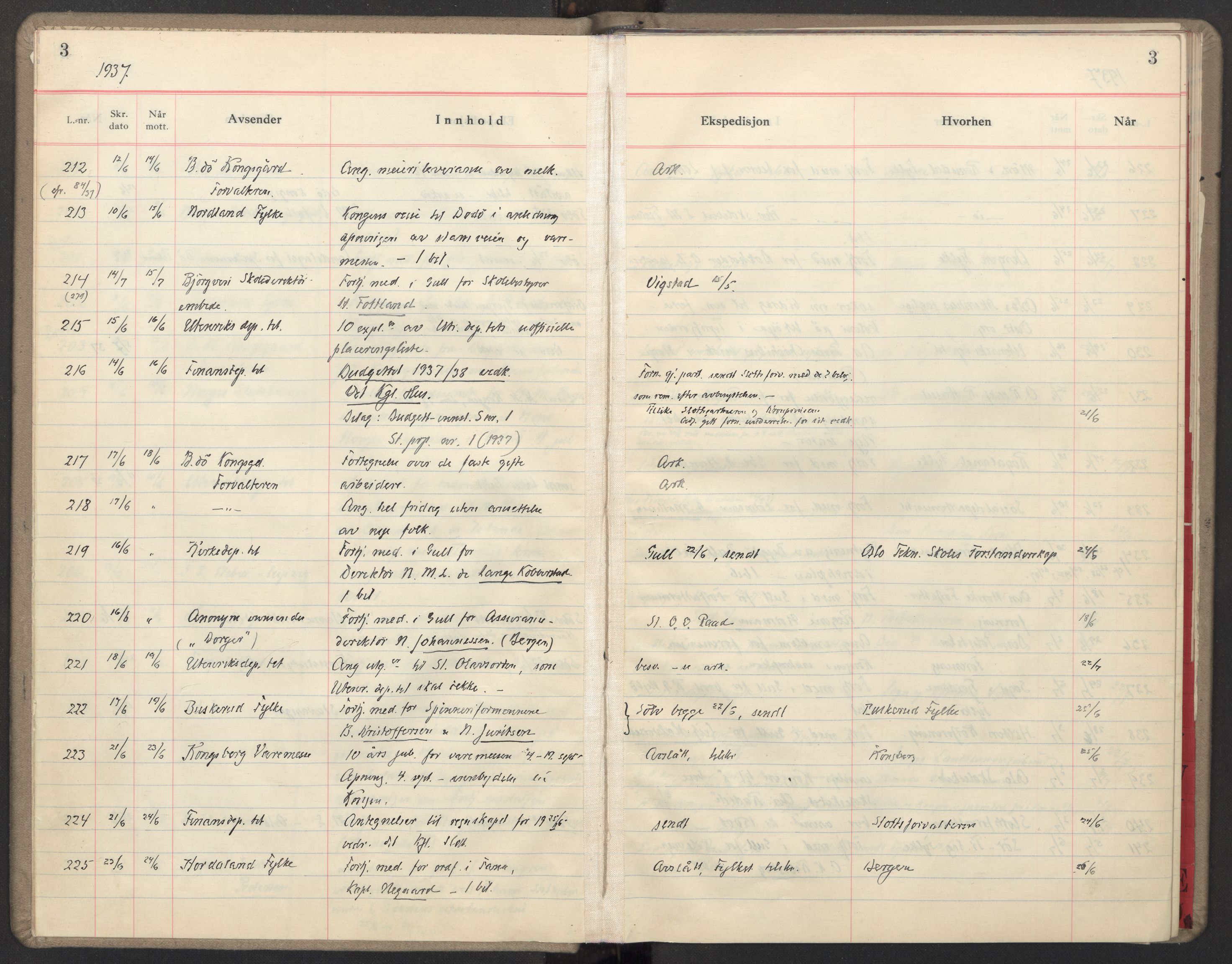 Det Kongelige Slott, Hoffetaten, AV/RA-S-3707/C/Ce/L0011: Hoffsjefens journal jnr. 185/1937-370/1939, 1937-1939