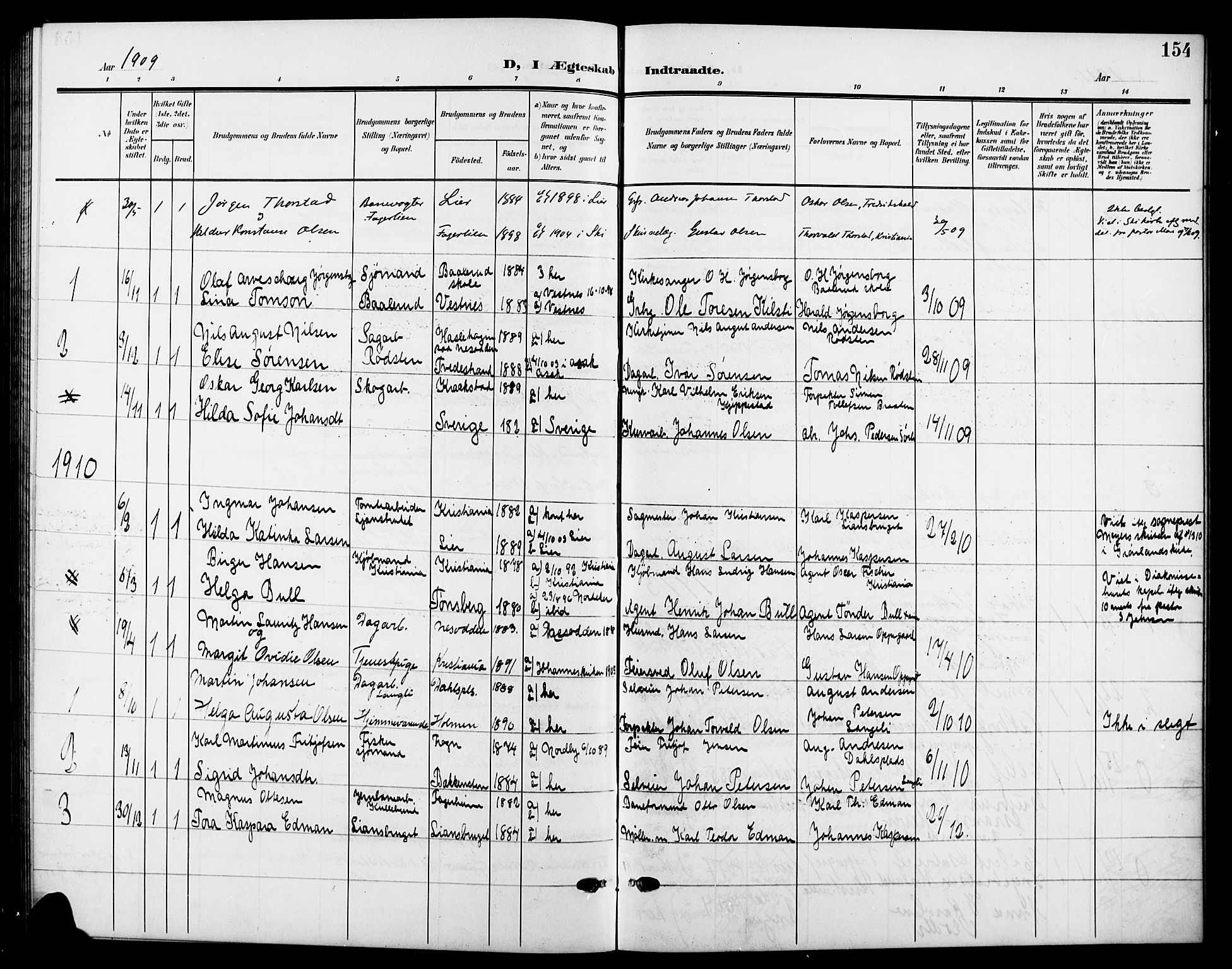 Nesodden prestekontor Kirkebøker, AV/SAO-A-10013/G/Gb/L0001: Klokkerbok nr. II 1, 1905-1924, s. 154