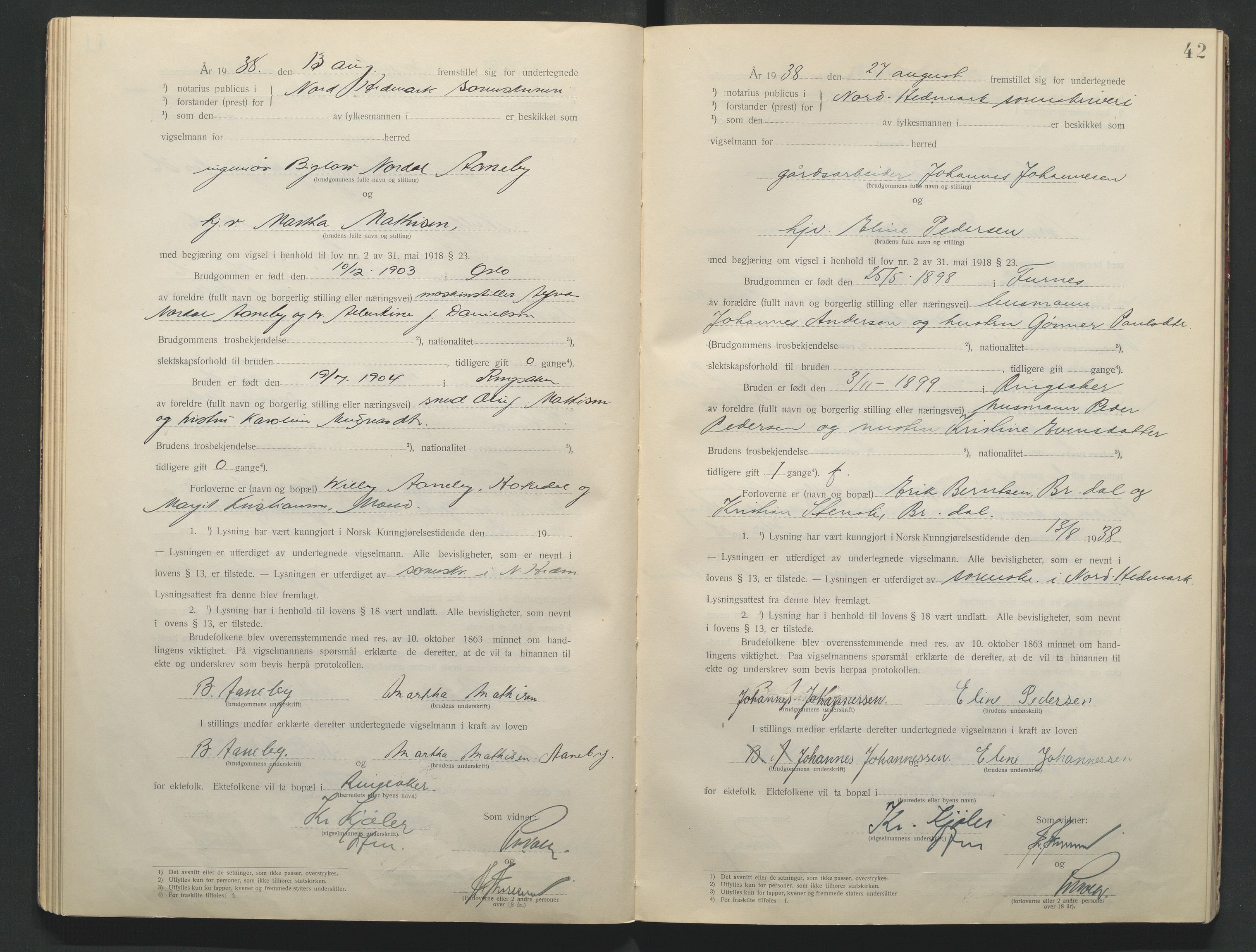 Nord-Hedmark sorenskriveri, AV/SAH-TING-012/L/Lc/L0001/0001: Vigselsprotokoller / Vigselsprotokoll, 1920-1942, s. 42