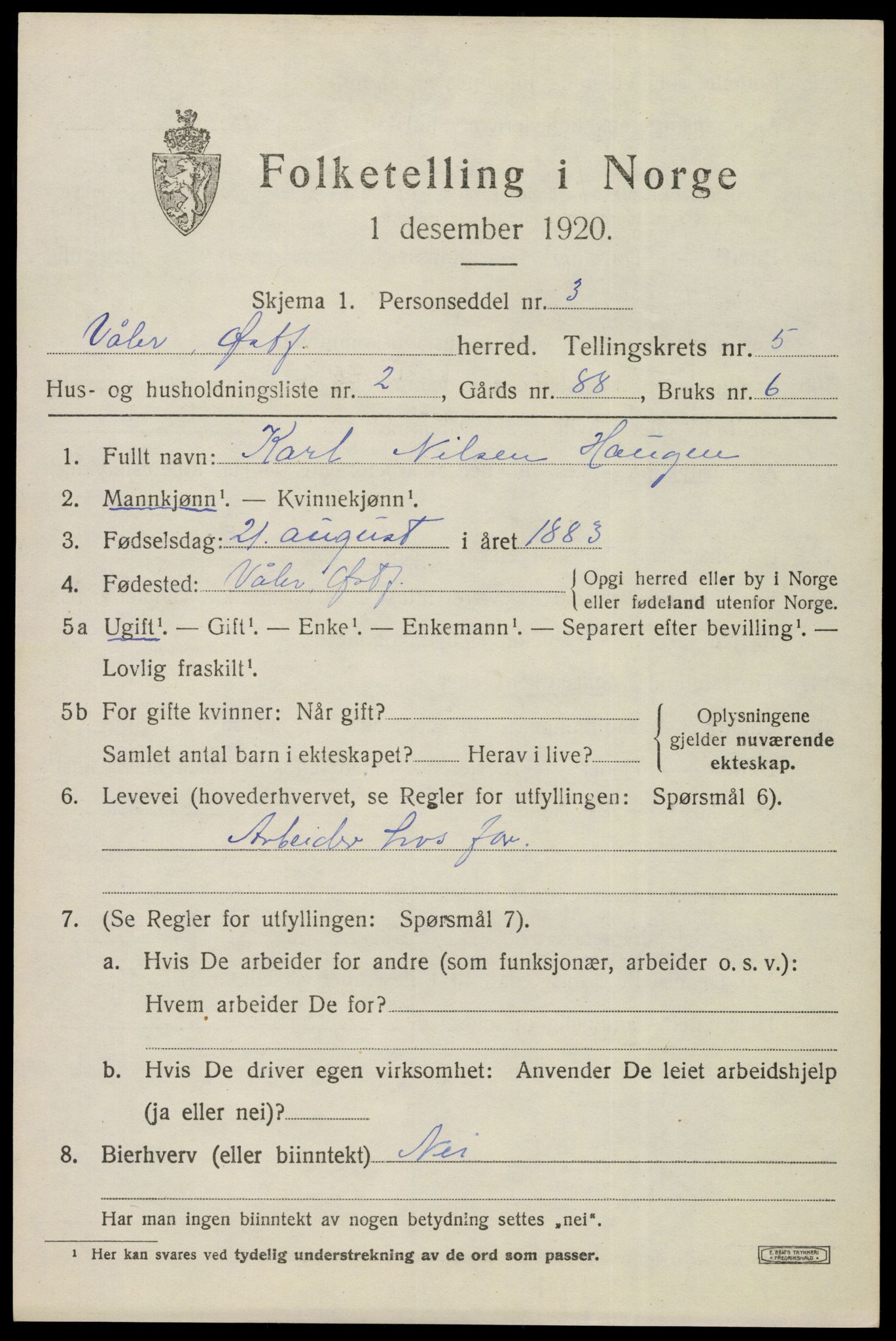 SAO, Folketelling 1920 for 0137 Våler herred, 1920, s. 2688