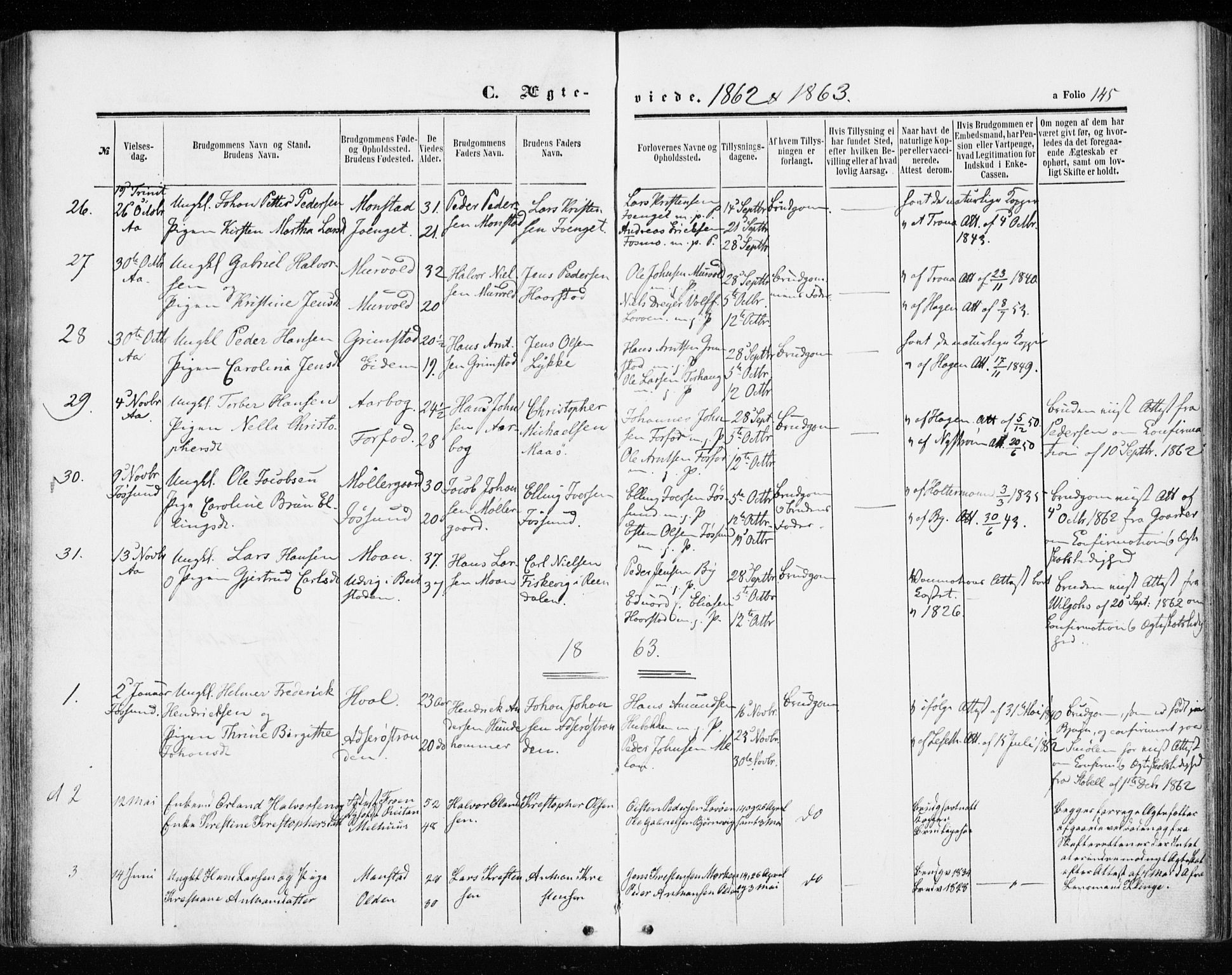 Ministerialprotokoller, klokkerbøker og fødselsregistre - Sør-Trøndelag, AV/SAT-A-1456/655/L0678: Ministerialbok nr. 655A07, 1861-1873, s. 145