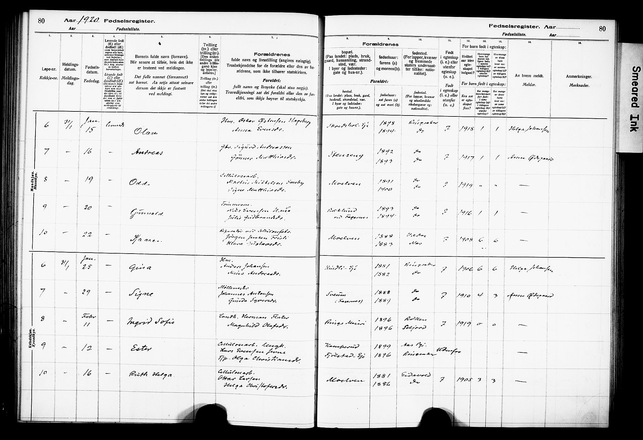 Ringsaker prestekontor, AV/SAH-PREST-014/O/Oa/L0001: Fødselsregister nr. 1, 1916-1925, s. 80