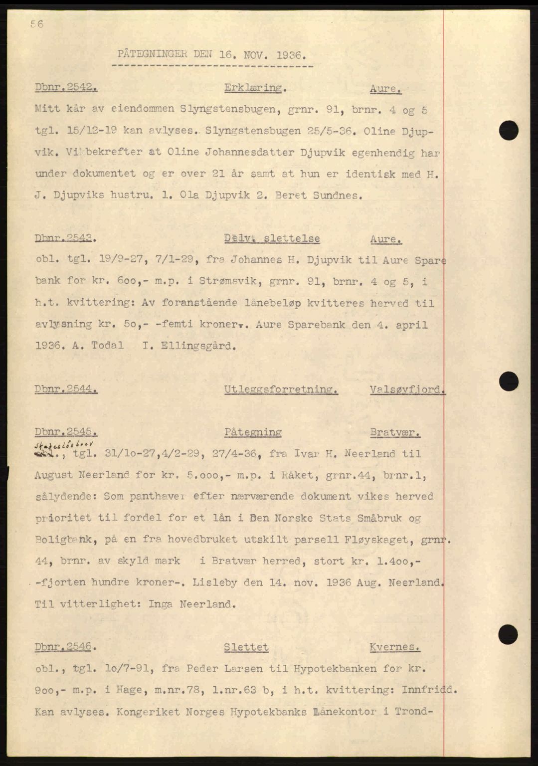 Nordmøre sorenskriveri, SAT/A-4132/1/2/2Ca: Pantebok nr. C80, 1936-1939, Dagboknr: 2542/1936