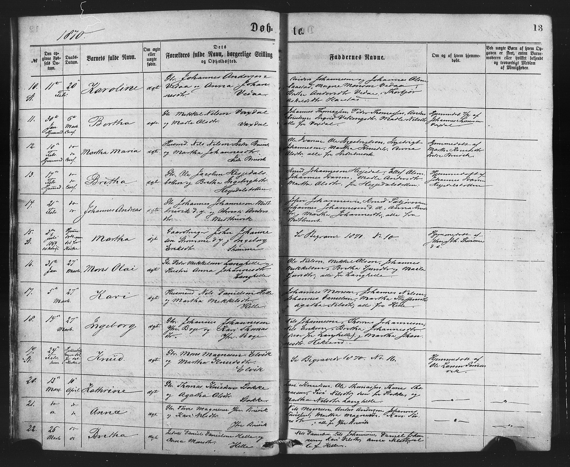 Bruvik Sokneprestembete, AV/SAB-A-74701/H/Haa: Ministerialbok nr. A 1, 1869-1877, s. 13