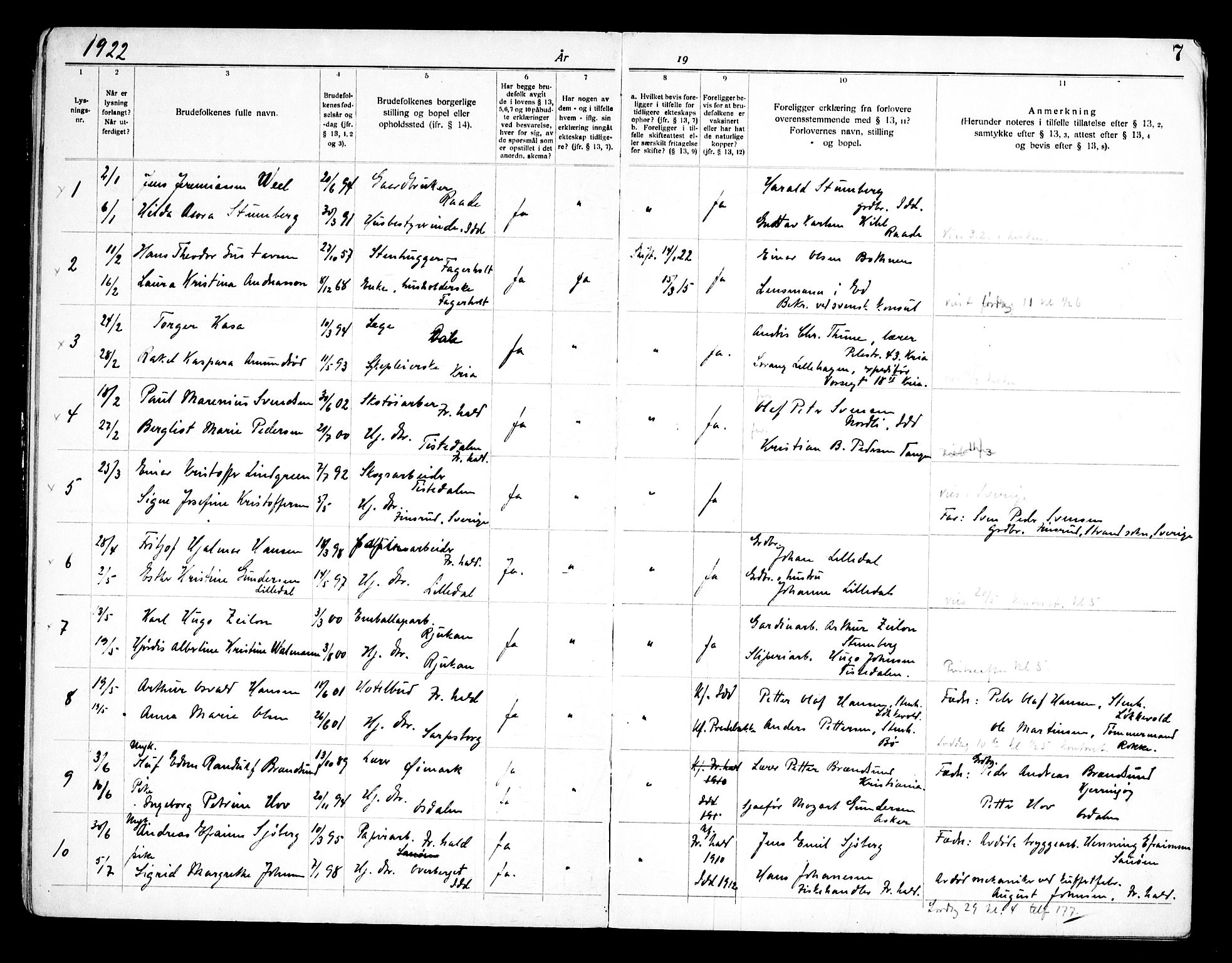 Idd prestekontor Kirkebøker, AV/SAO-A-10911/H/Ha/L0002: Lysningsprotokoll nr. I 2, 1919-1958, s. 7