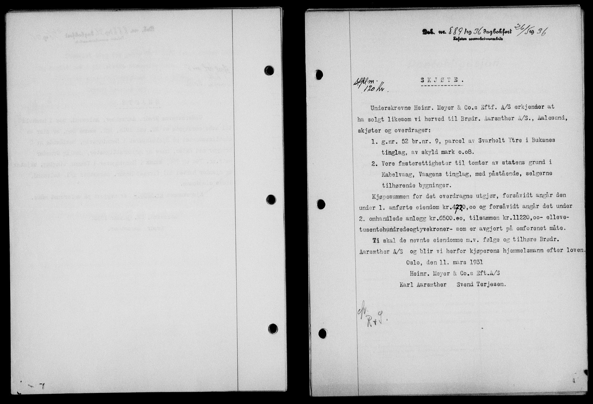Lofoten sorenskriveri, SAT/A-0017/1/2/2C/L0033b: Pantebok nr. 33b, 1936-1936, Dagboknr: 889/1936