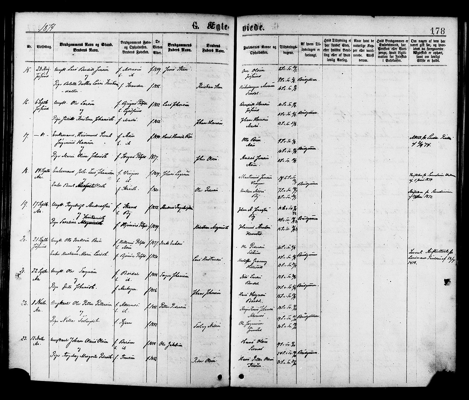 Ministerialprotokoller, klokkerbøker og fødselsregistre - Sør-Trøndelag, AV/SAT-A-1456/655/L0679: Ministerialbok nr. 655A08, 1873-1879, s. 178