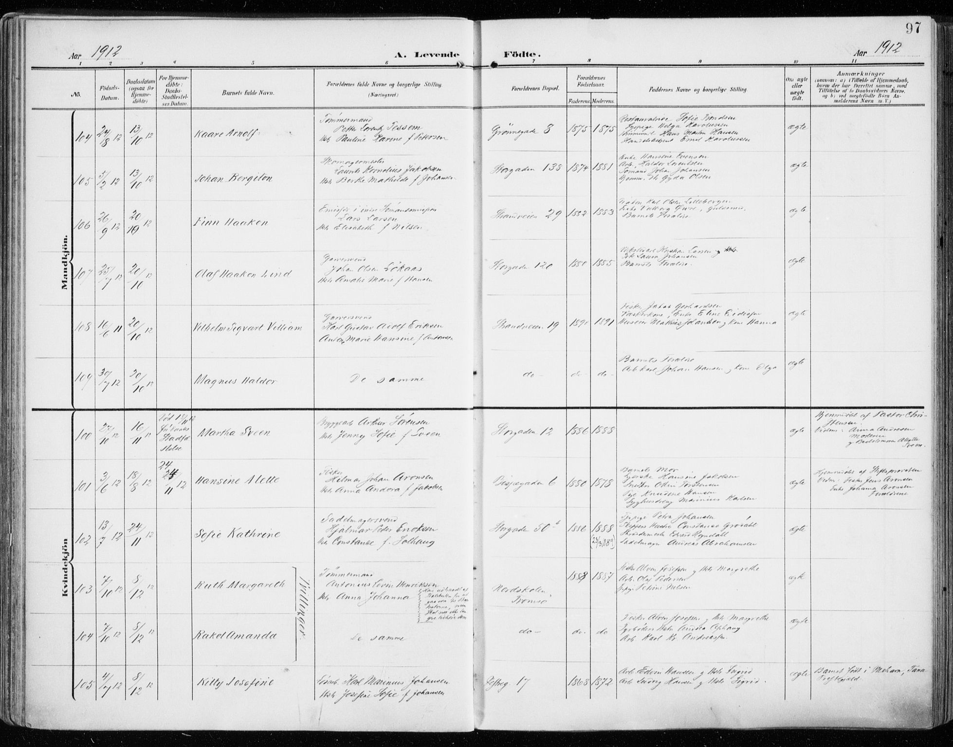 Tromsø sokneprestkontor/stiftsprosti/domprosti, AV/SATØ-S-1343/G/Ga/L0017kirke: Ministerialbok nr. 17, 1907-1917, s. 97
