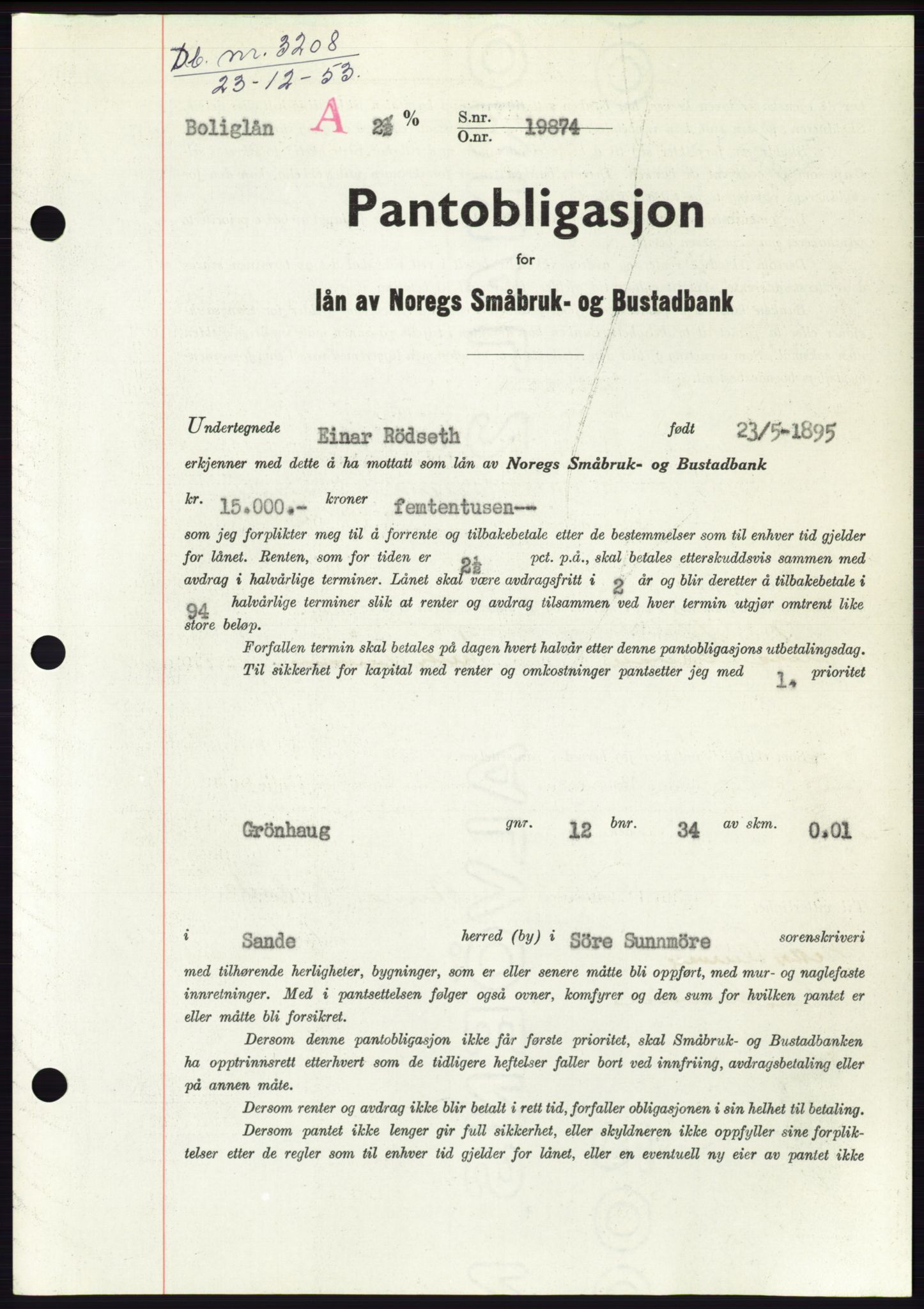 Søre Sunnmøre sorenskriveri, AV/SAT-A-4122/1/2/2C/L0124: Pantebok nr. 12B, 1953-1954, Dagboknr: 3208/1953